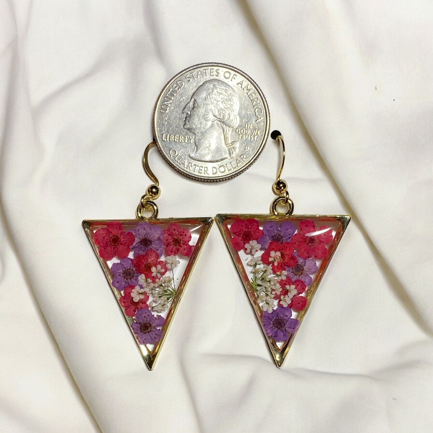 Red and Purple Plum Blossom Flowers with Queen Anne’s Lace Earrings