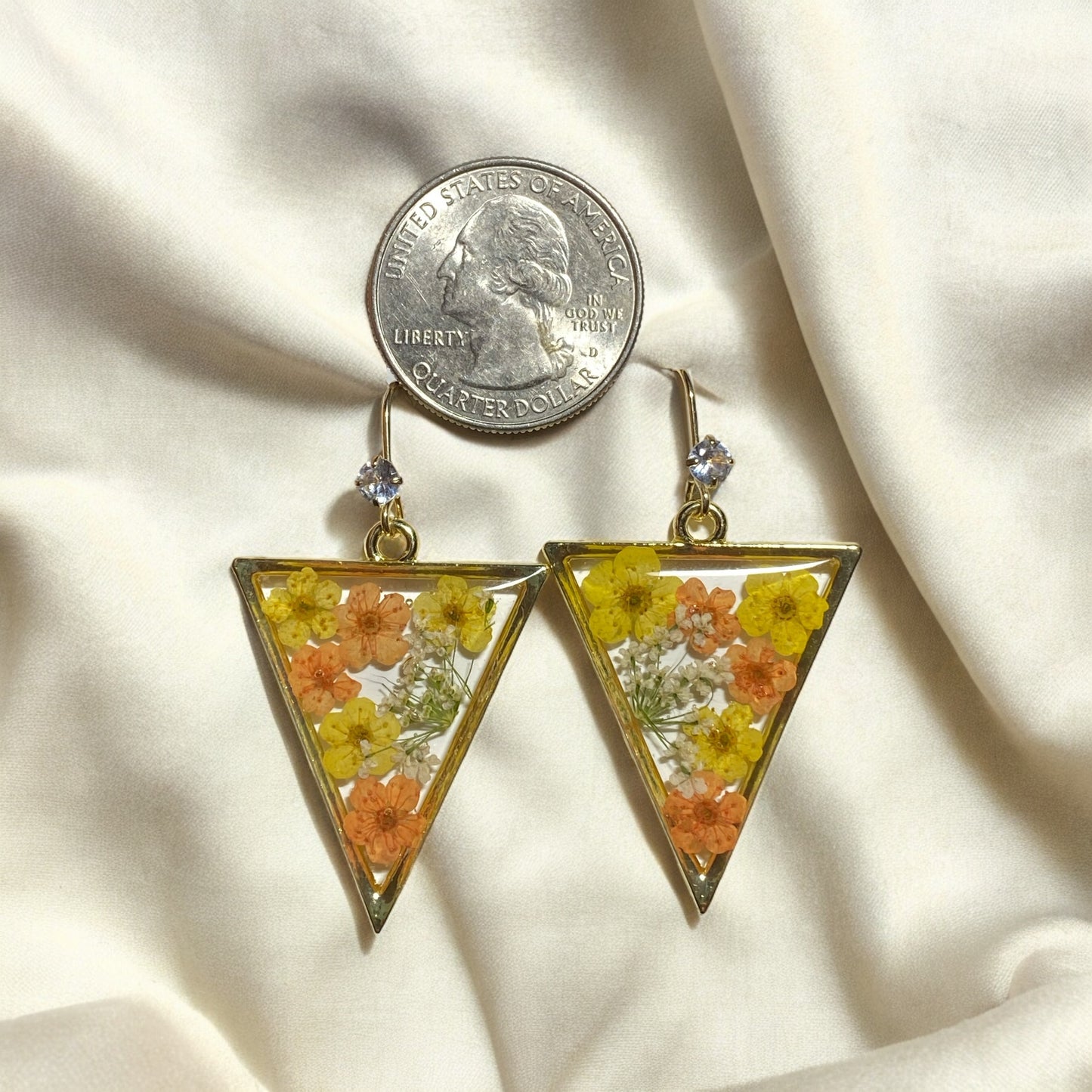 Orange and Yellow Plum Blossom Flowers with Queen Anne’s Lace Earrings