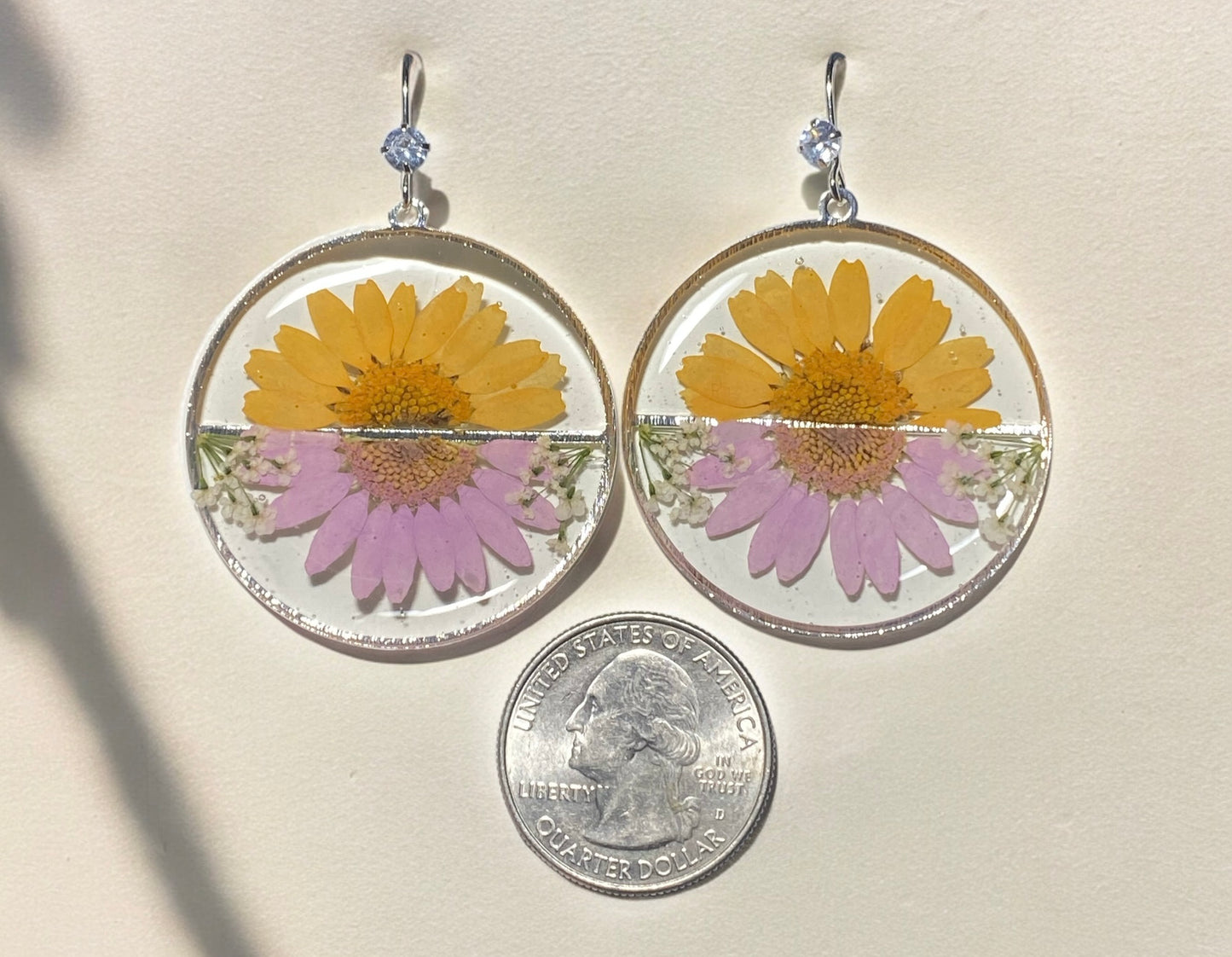 Yellow and Light Purple Daisies with Queen Anne’s Lace Earrings