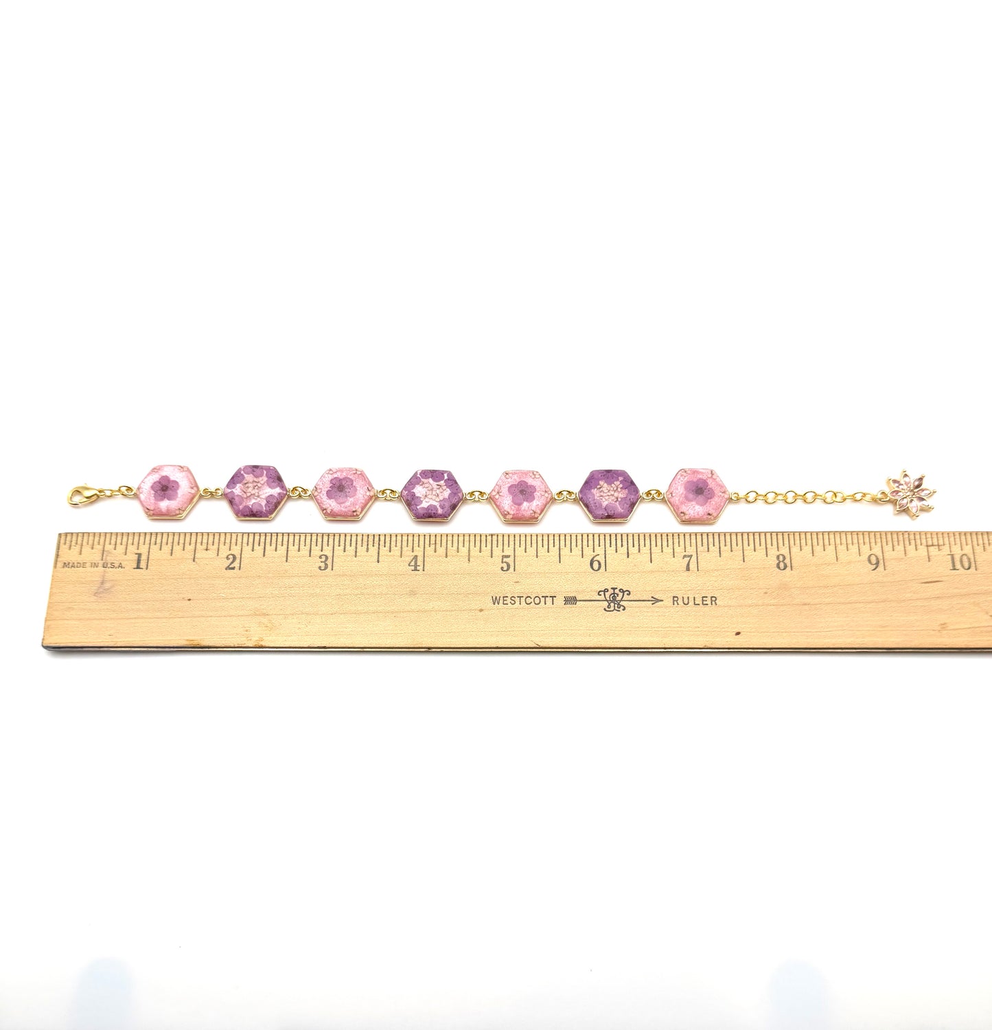 Gold Colored Bracelet with Light Pink Colored Mica Powder, Dark Purple Plum Blossoms and Queen Anne’s Lace