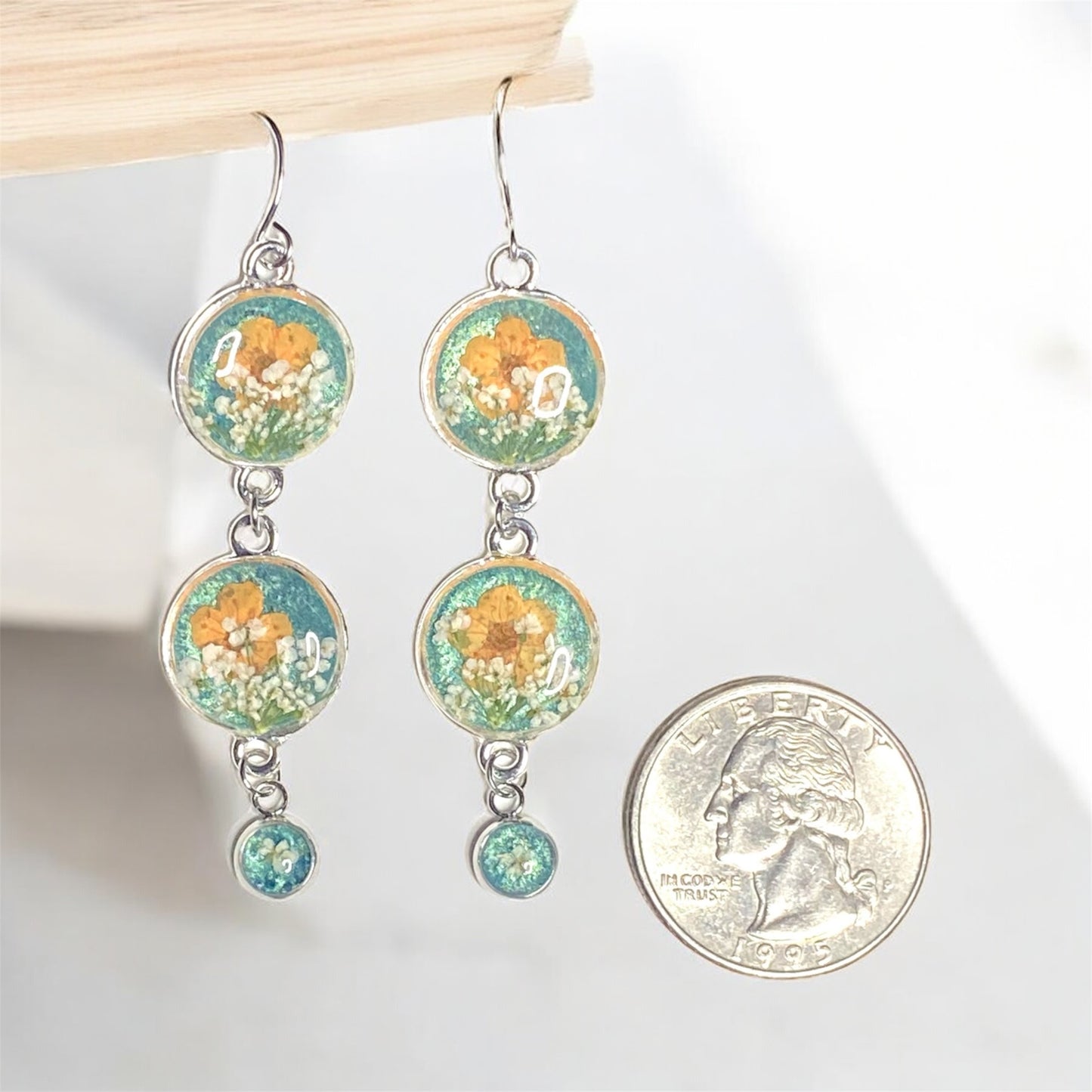 Teal Colored Mica Powder Dangle Earrings with Orange Plum Blossoms and Queen Anne’s Lace