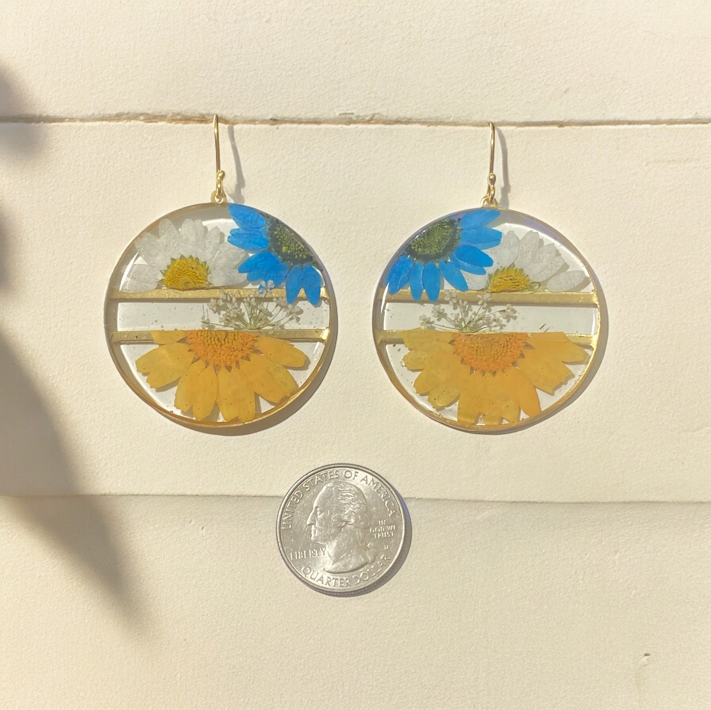 Yellow, Teal and White Daisies, with Queen Anne’s Lace Earrings