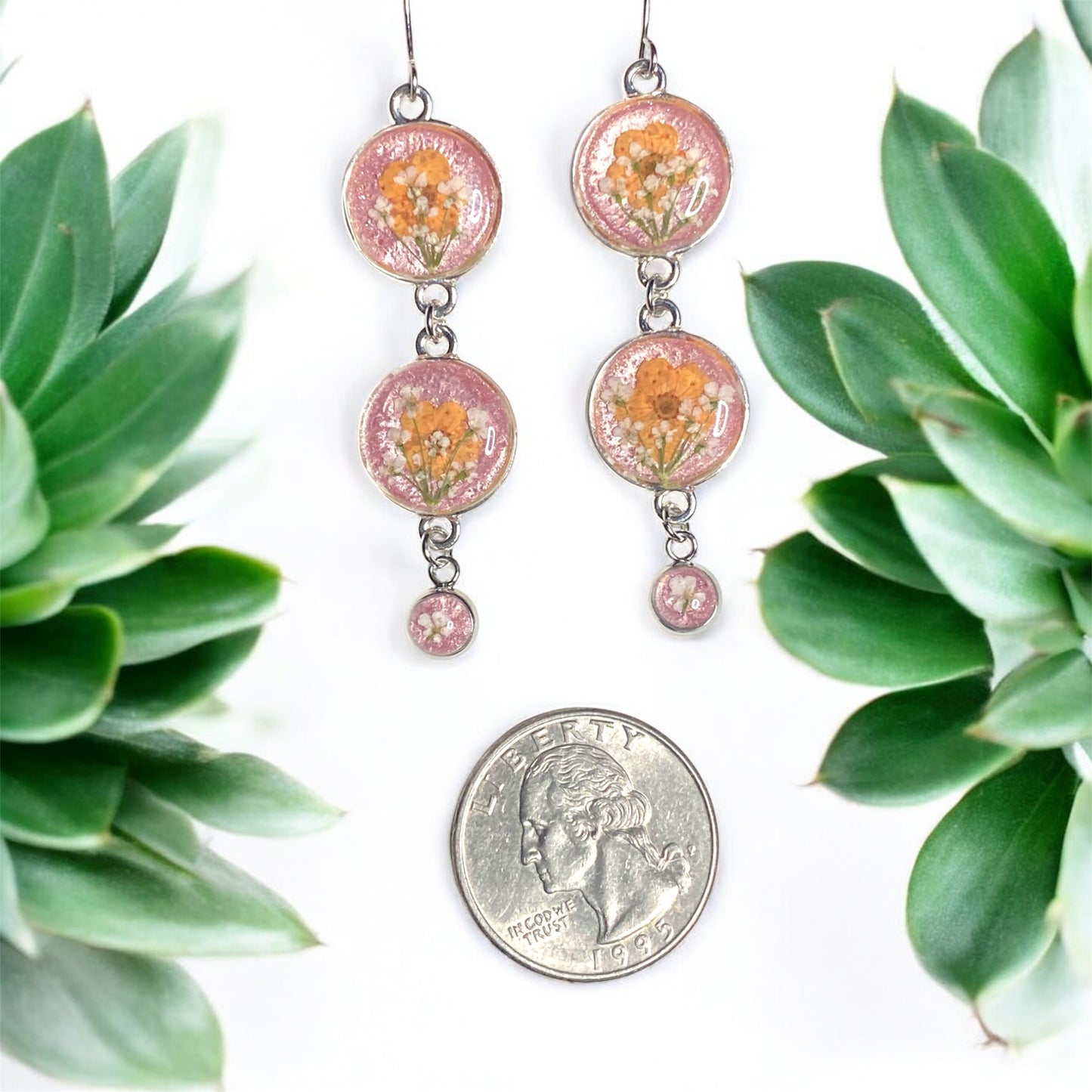 Coral/Pink Colored Mica Powder Dangle Earrings with Orange Plum Blossoms and Queen Anne’s Lace