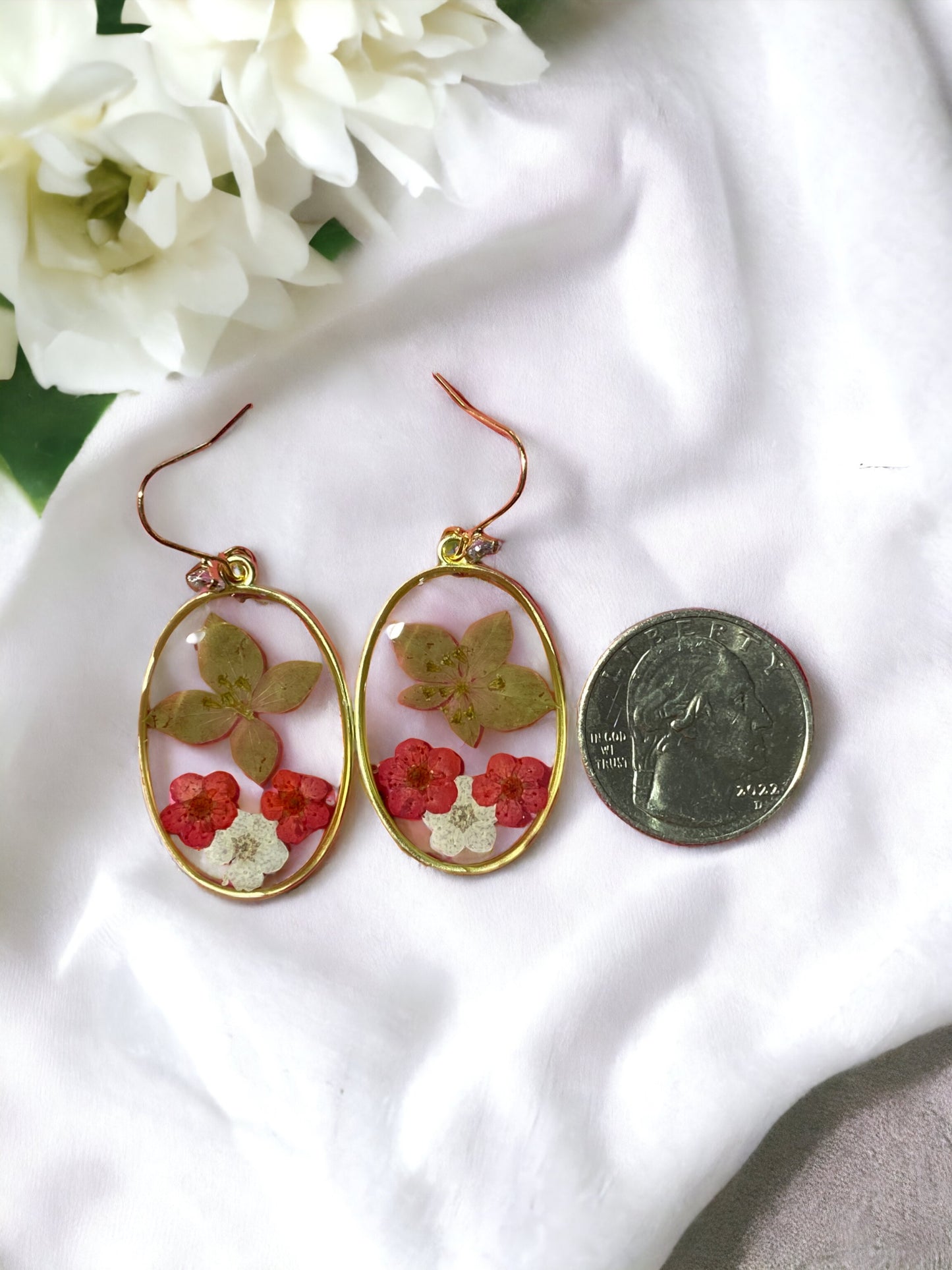 Dry Pressed Euphorbia Helioscopia with Red Plum Blossom Flower Earrings