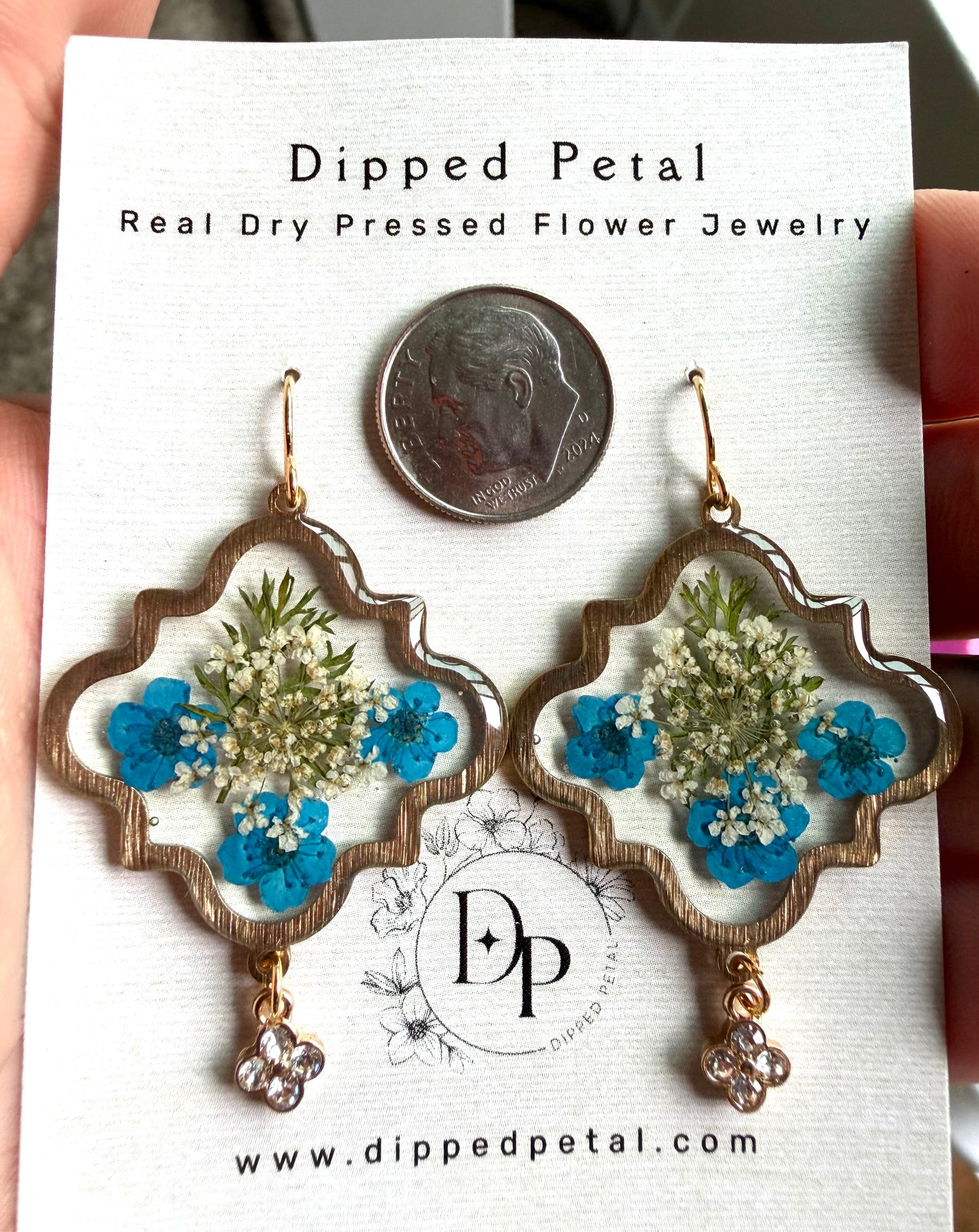 Queen Anne’s Lace, Dry Pressed Fern with Teal Plum Blossoms
