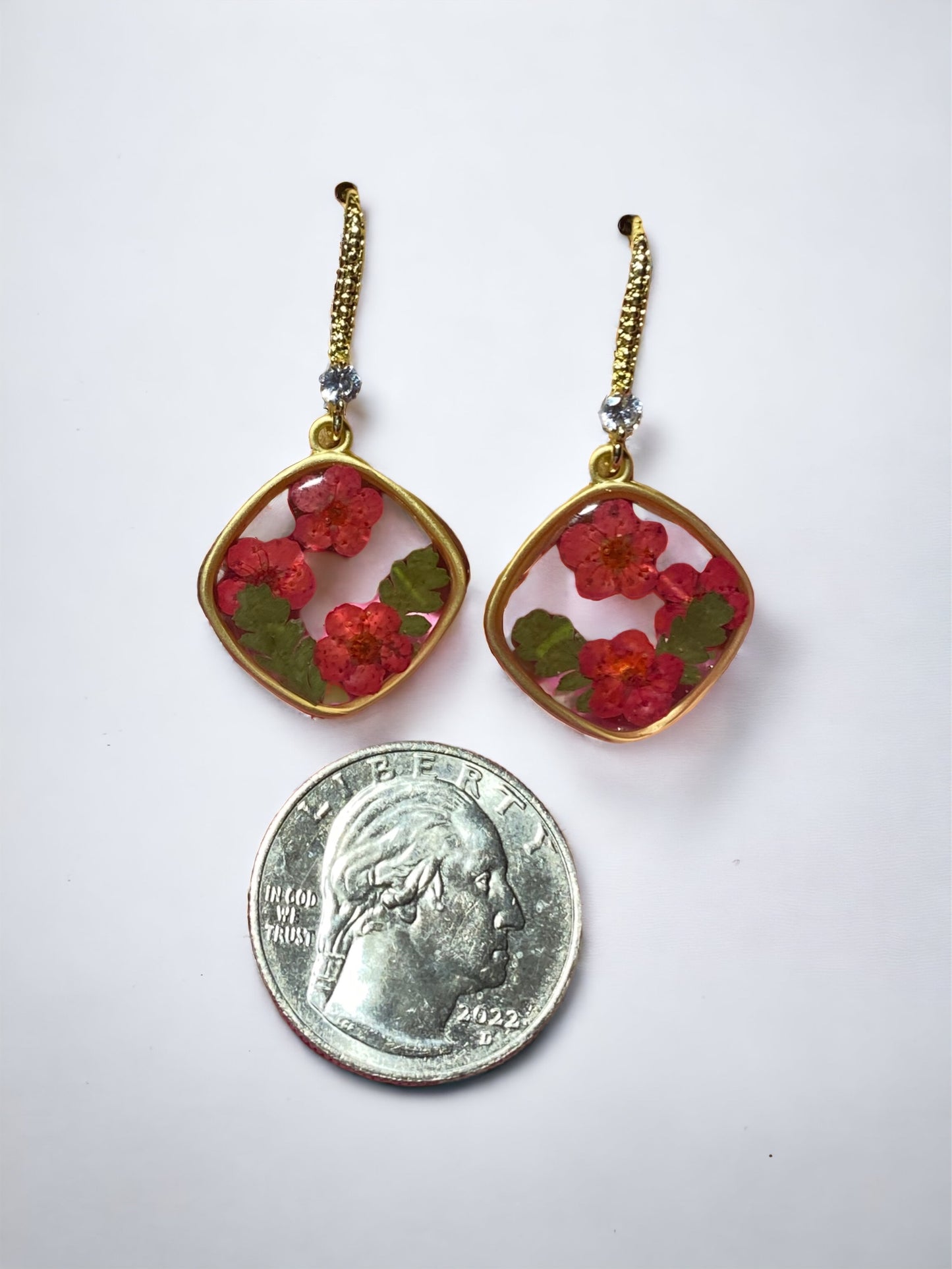 Red Plum Blossom Flower with Dried Fern Earrings