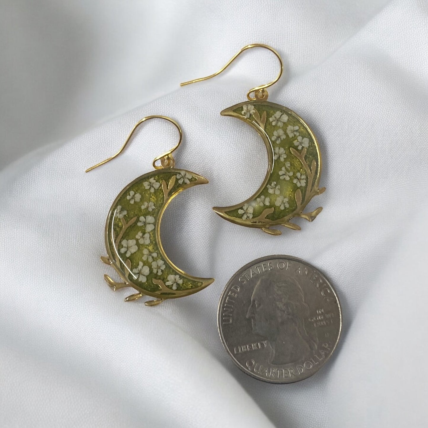 Crescent Moons with Green Mica Powder filled with pieces of Queen Anne’s Lace