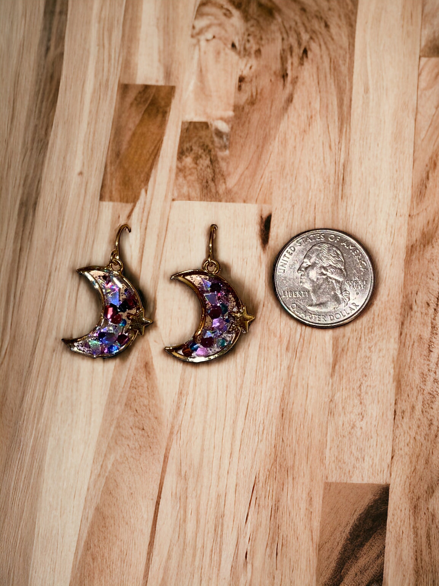 Moon and Star Shaped Purple Chunky Glitter Earrings