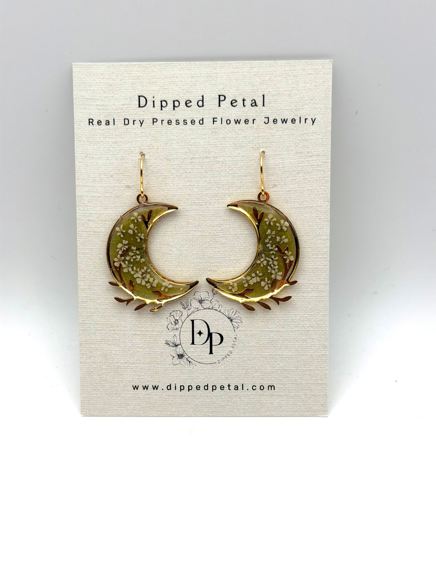 Gold Plated Crescent Moons filled with Green Mica Powder and Queen Anne’s Lace