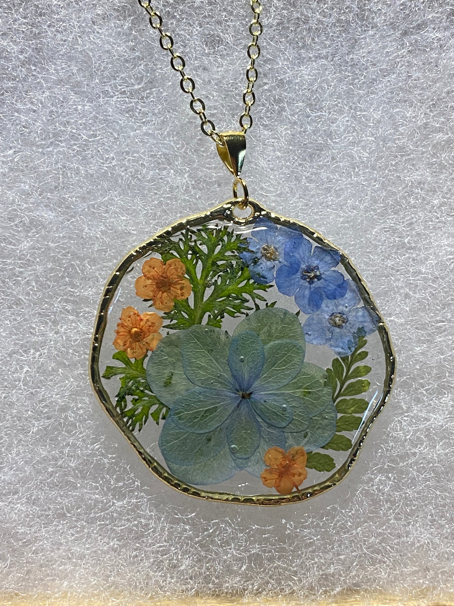 Double Petal Green Hydrangea with Blue Forget-Me-Not’s and Orange Plum Blossom flower Necklace