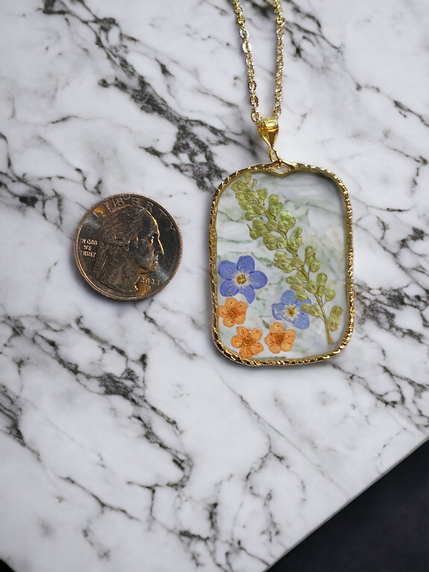 Pepperweed with Blue Forget-Me-Not’s and Orange Plum Blossom flower Necklace