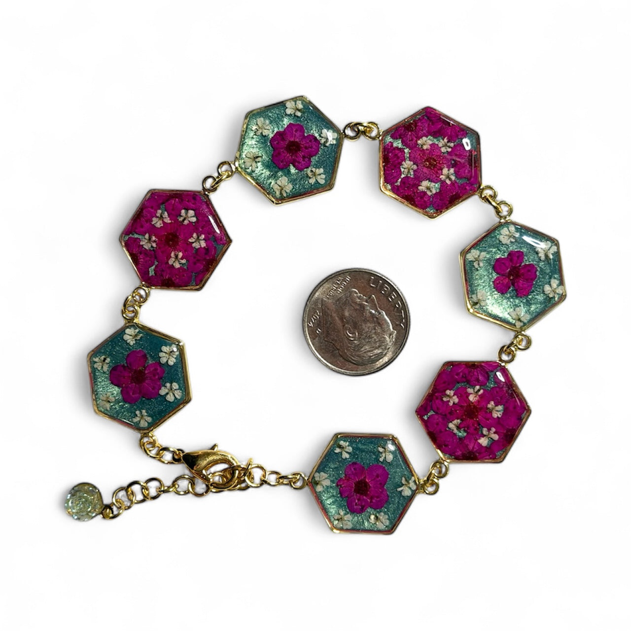 Gold Colored Bracelet with Hot Pink Plum Blossoms and pieces of Queen Anne’s Lace