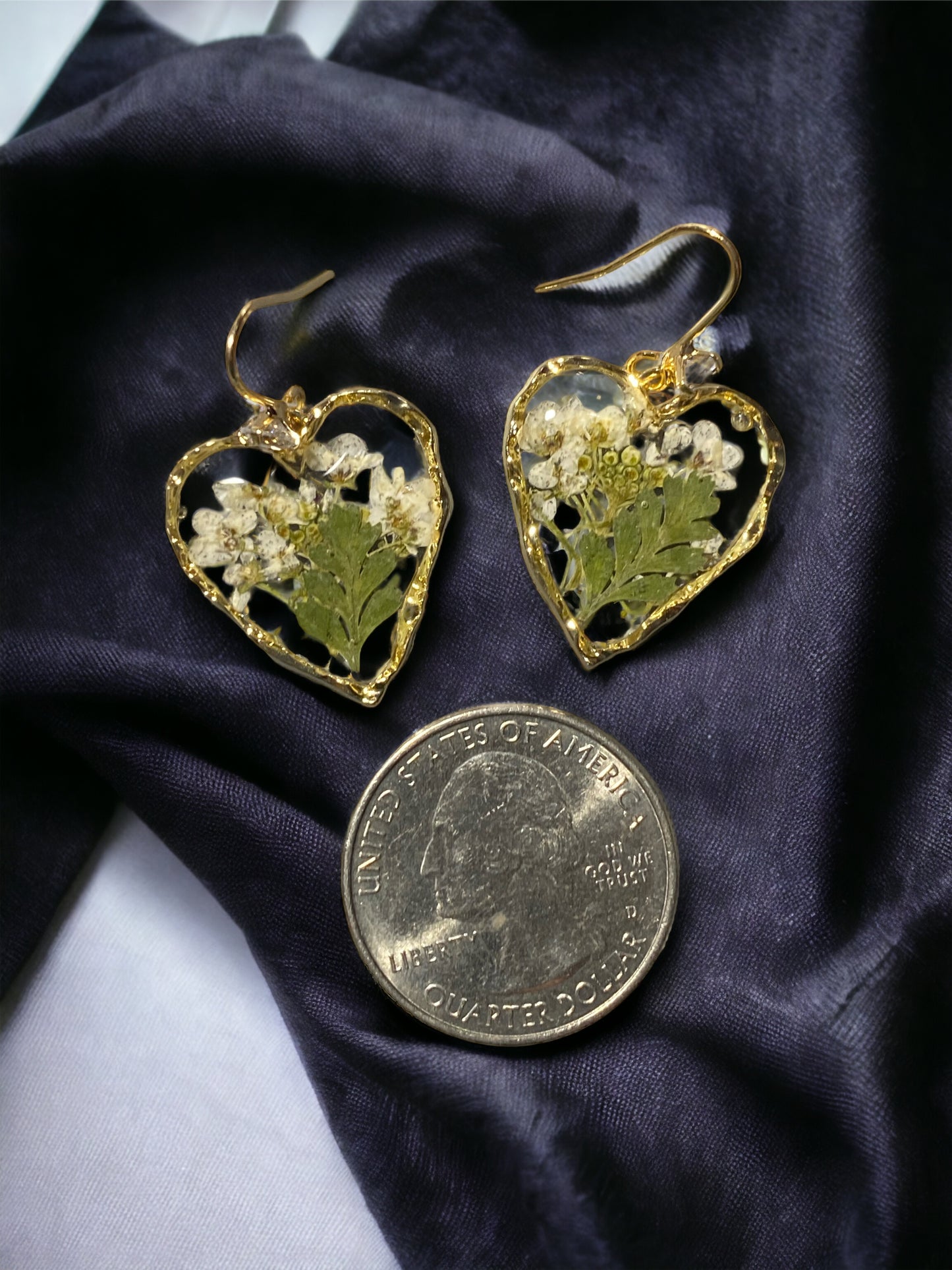 White Flowers with Dry Pressed Fern Earrings