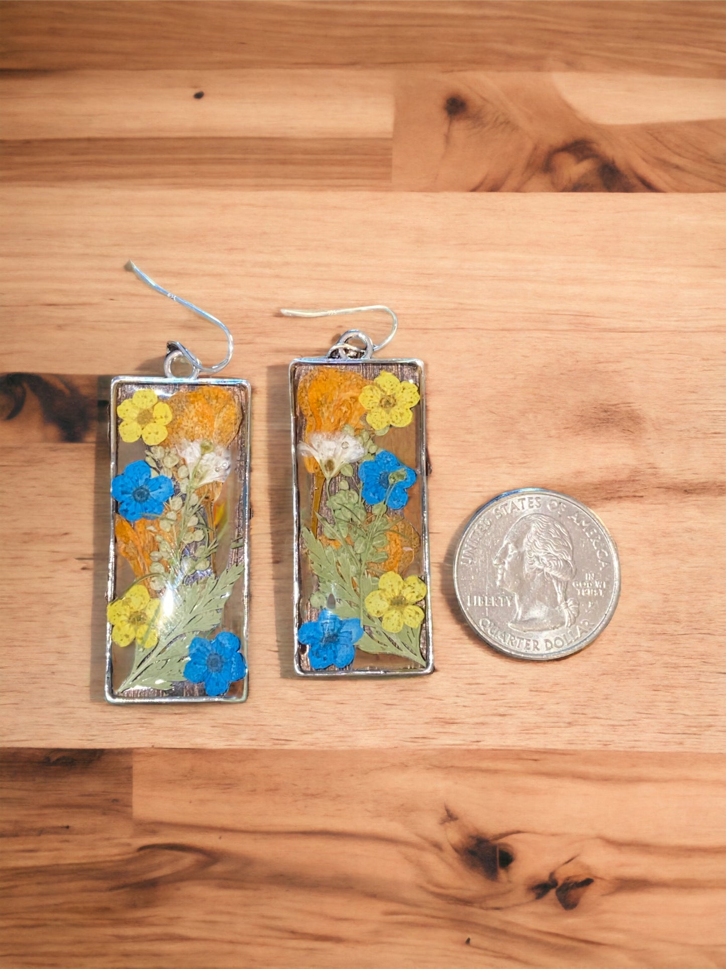 Orange Rapeseed with Orange, Yellow and Blue Plum Blossoms and Dry Pressed Persian Garden Cress Earrings