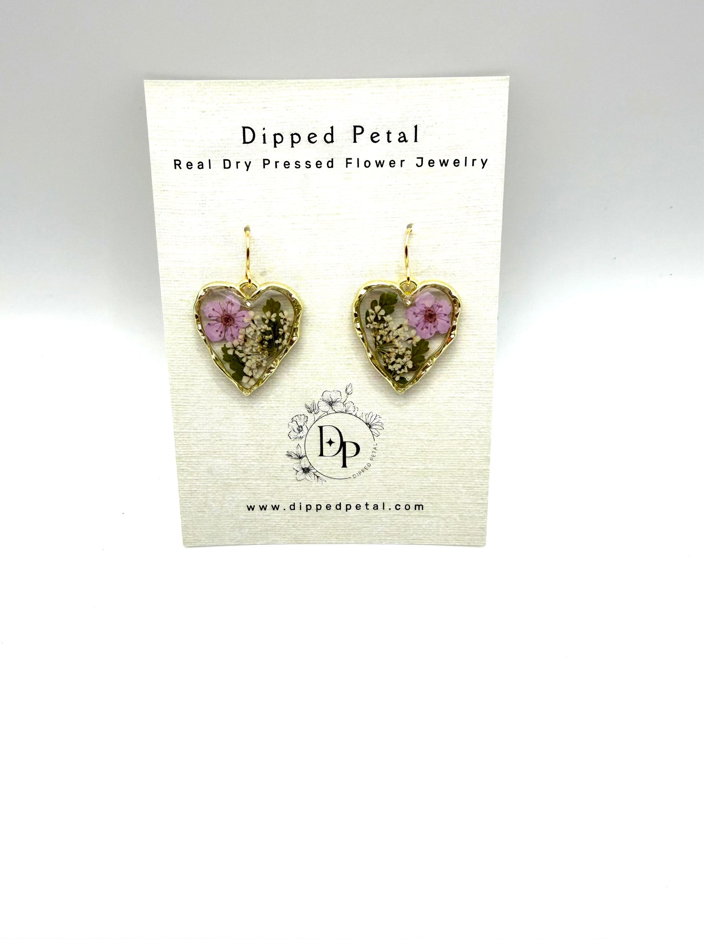 Heart Shaped Earrings with Light Purple Plum Blossoms, Queen Anne’s Lace and Pieces of Fern
