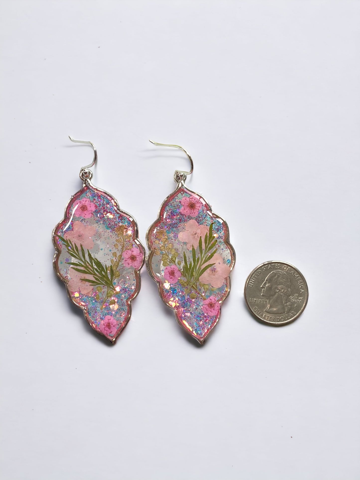 Pink Glitter with Dry Pressed Persian Garden Cress, Pink Forget-Me-Not’s, Pink Plum Blossom Flowers and Dry Pressed Leaves with 925 Sterling Silver Hooks