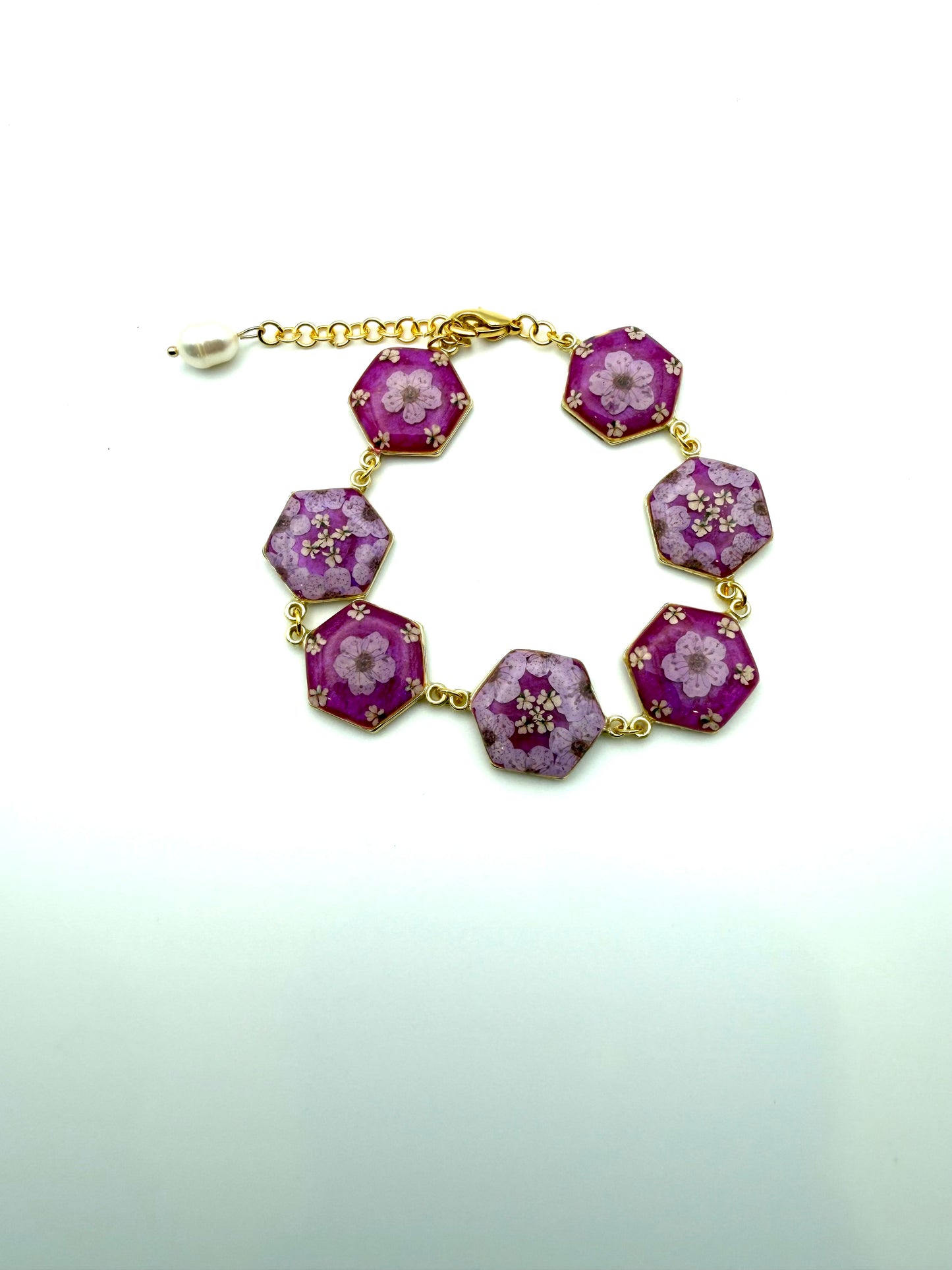 Gold Colored Bracelet with Wisteria Pink Colored Mica Powder, Light Purple Plum Blossoms and Queen Anne’s Lace
