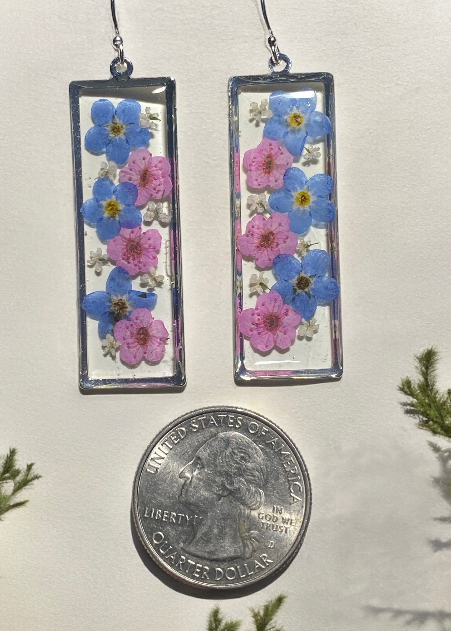 Blue Forget-Me-Nots and Pink Plum Blossom Flowers with Pieces of Queen Anne’s Lace Earrings