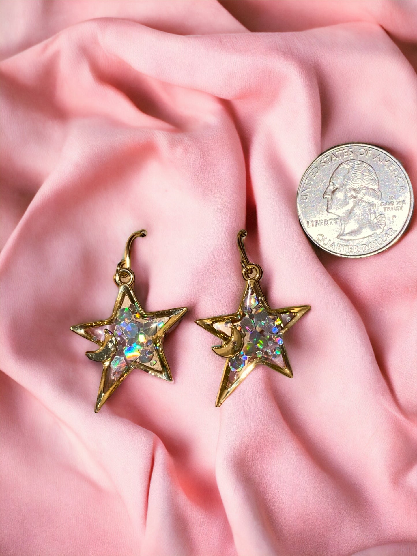 Star and Moon Shaped White Chunky Glitter Earrings