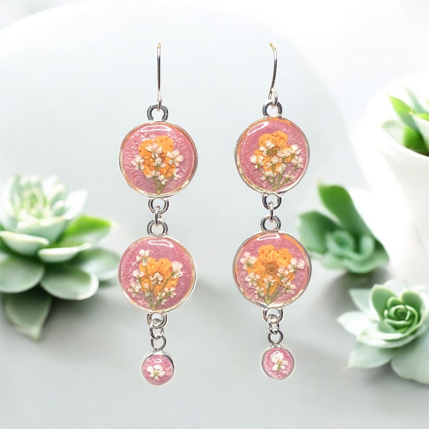 Coral/Pink Colored Mica Powder Dangle Earrings with Orange Plum Blossoms and Queen Anne’s Lace