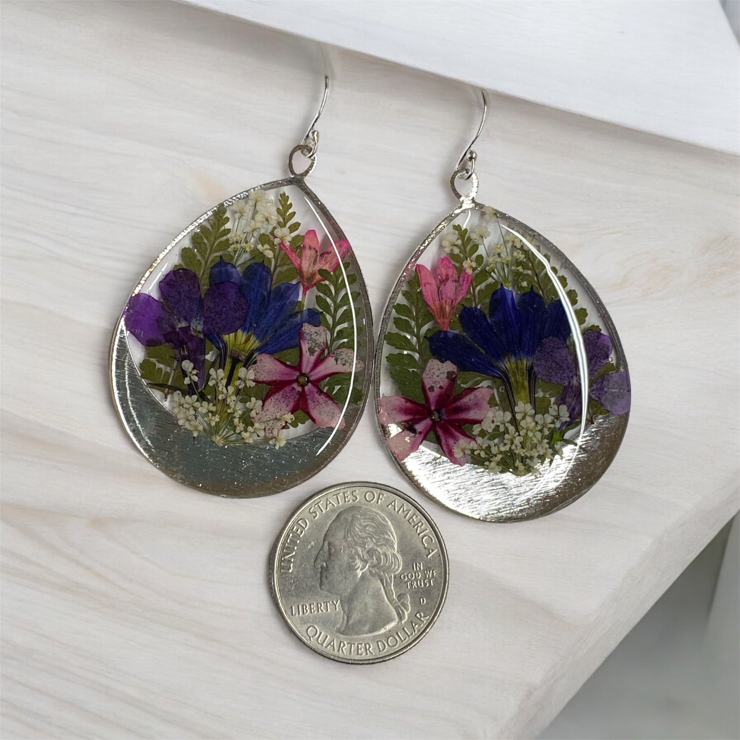 Dry Pressed Fern, Queen Anne’s Lace,Pink Flowers with Blue Fairy Fan