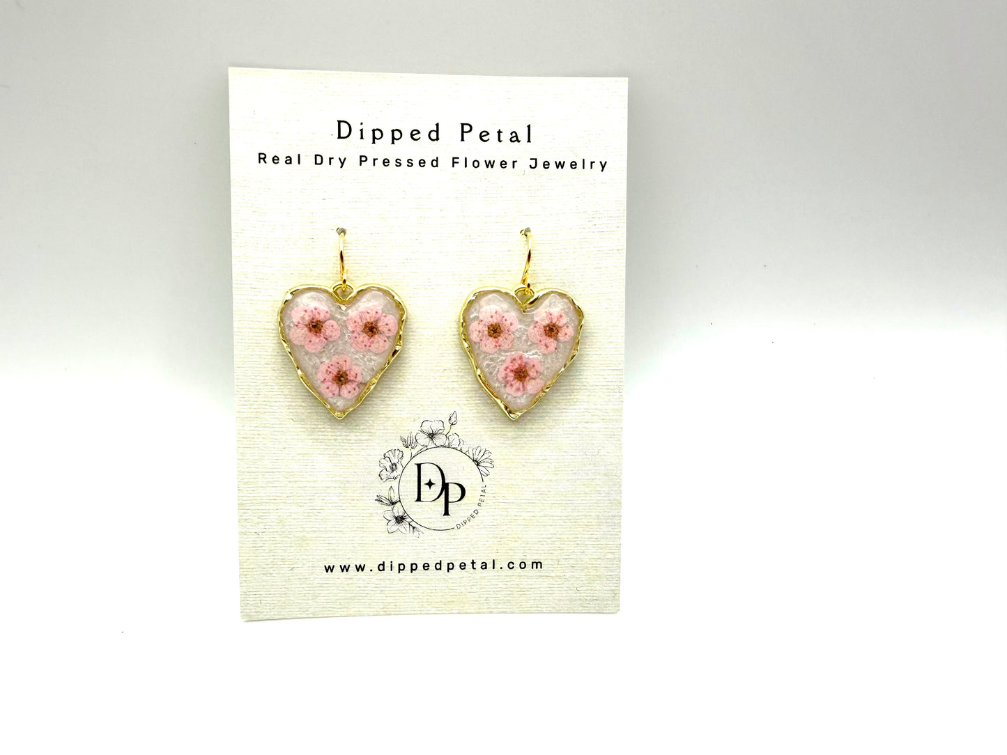 Heart Shaped Earrings with Opal Colored Mica Powder, and Light Pink Plum Blossoms