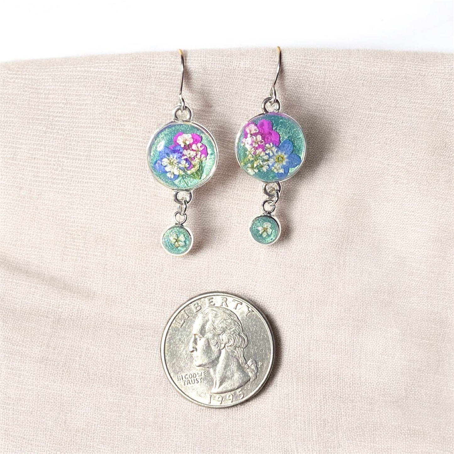 Teal Colored Mica Powder (Single) Dangle Earrings with Blue Forget-Me-Nots and Pink Plum Blossoms with Queen Anne’s Lace