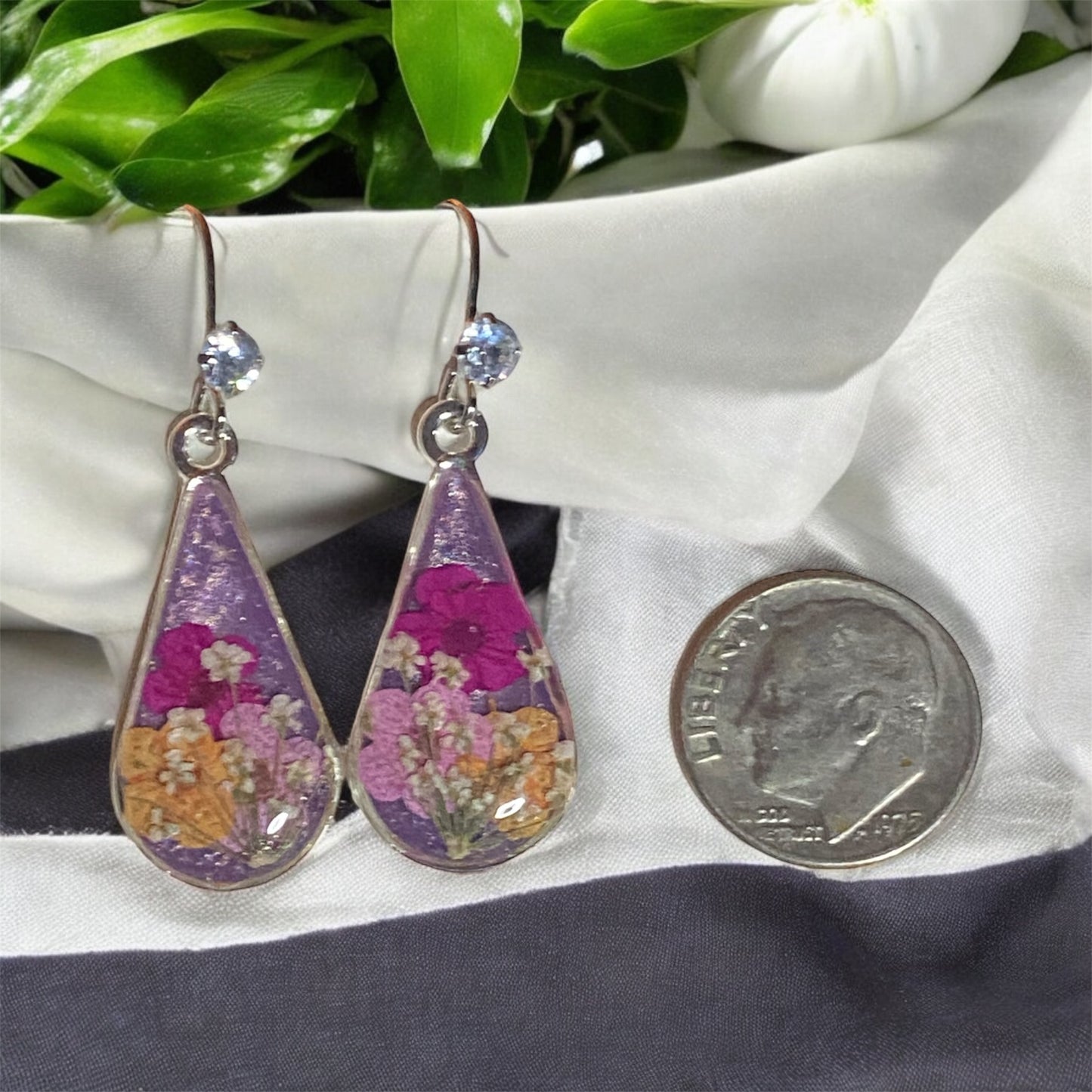 Purple Mica Powder with Hot Pink, Light Pink and Orange Plum Blossoms with Pieces of White Queen Anne’s Lace