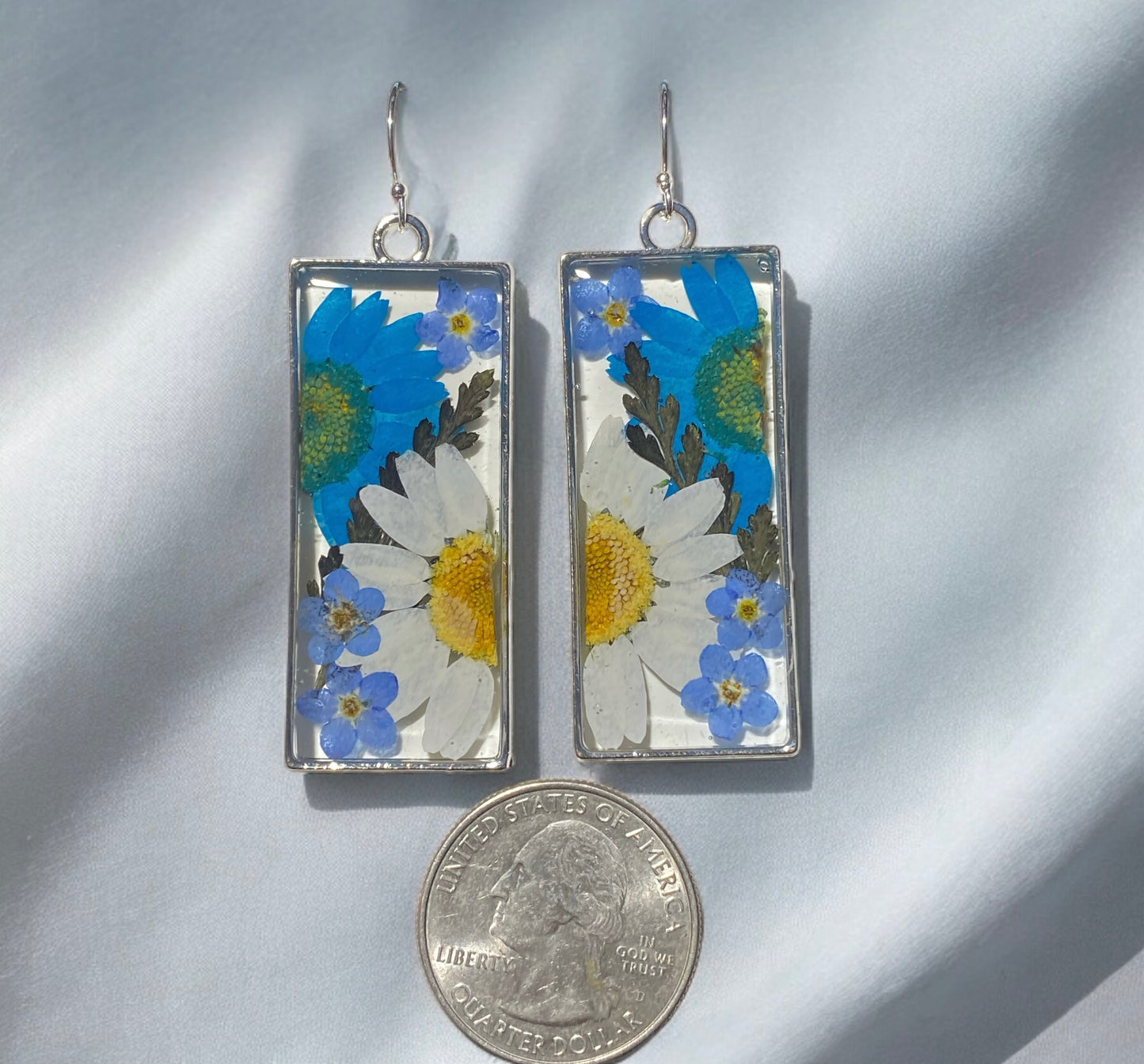 Teal & White Daisies, Dry Pressed Black Dyed Fern, and Blue Forget-Me-Not Flowers