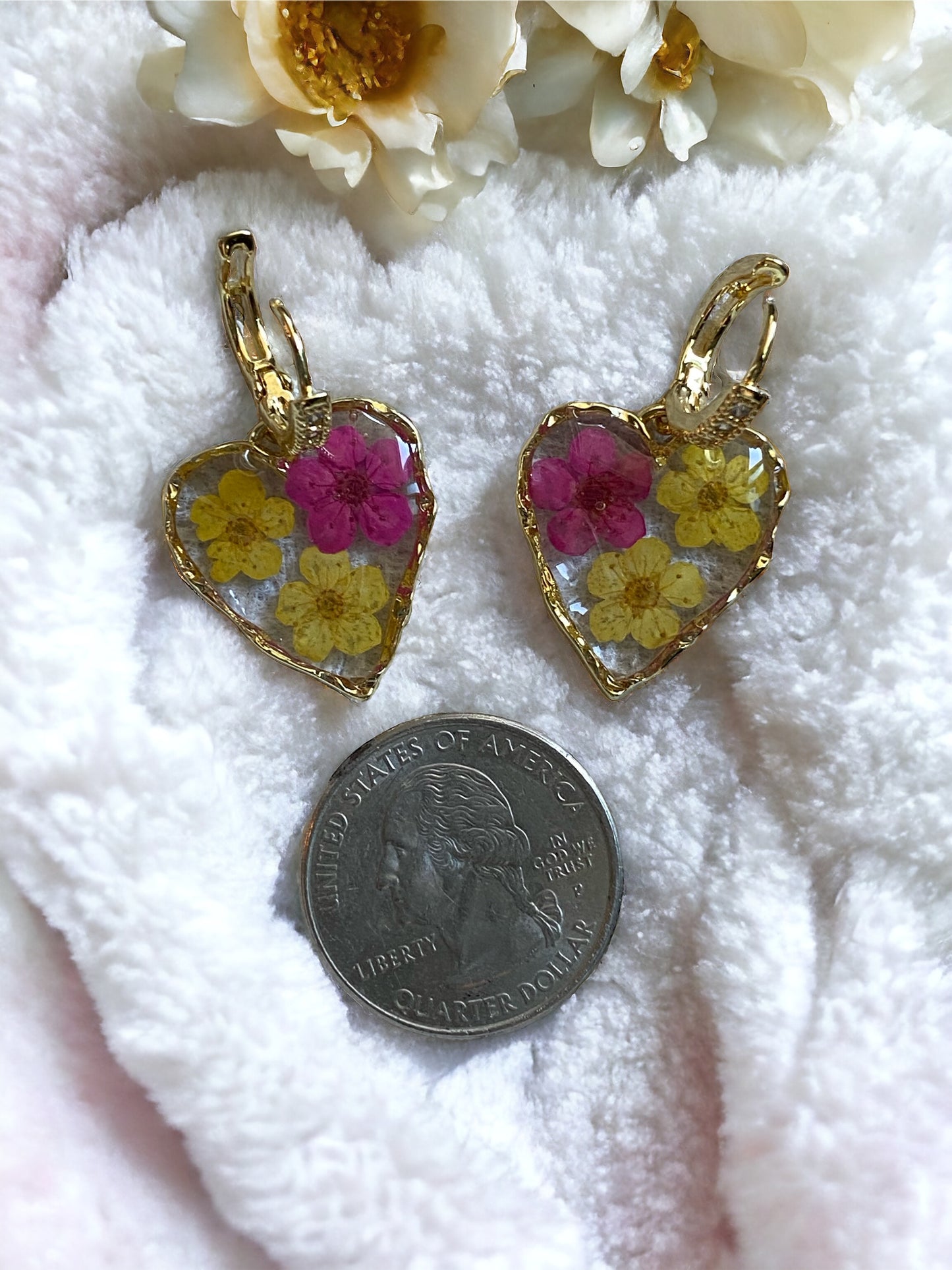 Hot Pink and Yellow Plum Blossom Flower Earrings