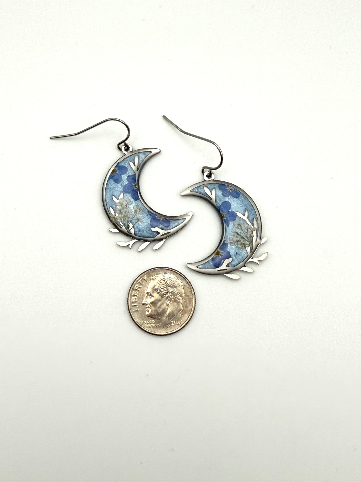 Ice Blue Crescent Moons with Forget-Me-Nots and Queen Anne’s Lace