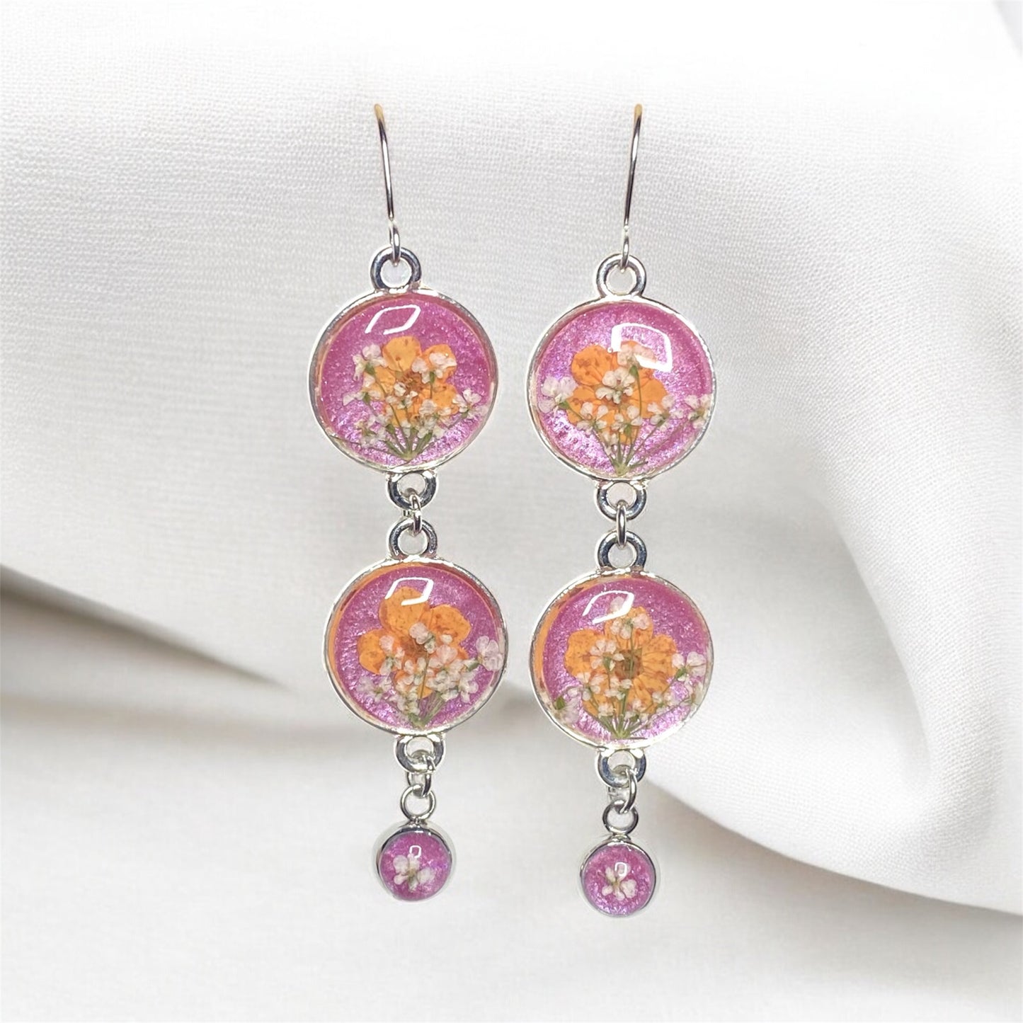 Pink Colored Mica Powder Dangle Earrings with Orange Plum Blossoms and Queen Anne’s Lace