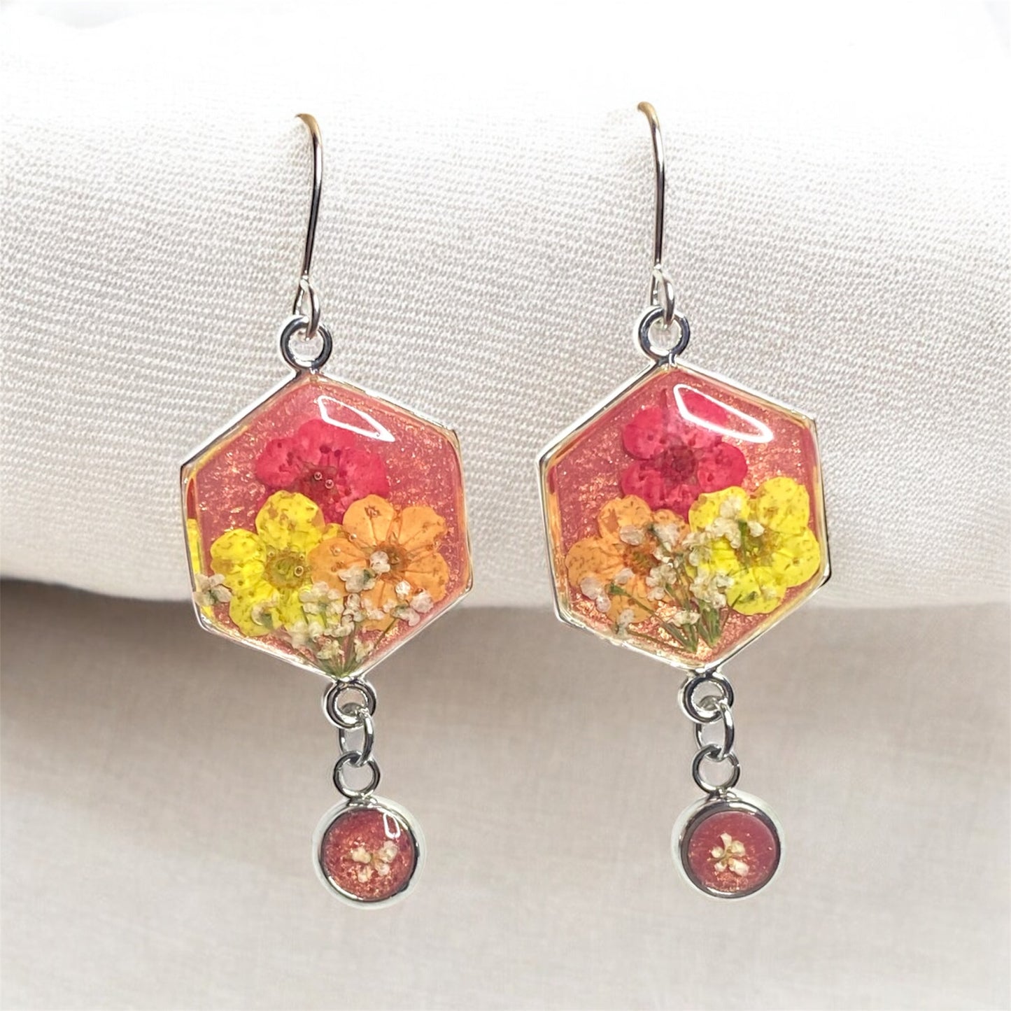 Coral Pink Colored Mica Powder (Single) Dangle Earrings with Orange, Yellow and Red Plum Blossoms and Queen Anne’s Lace