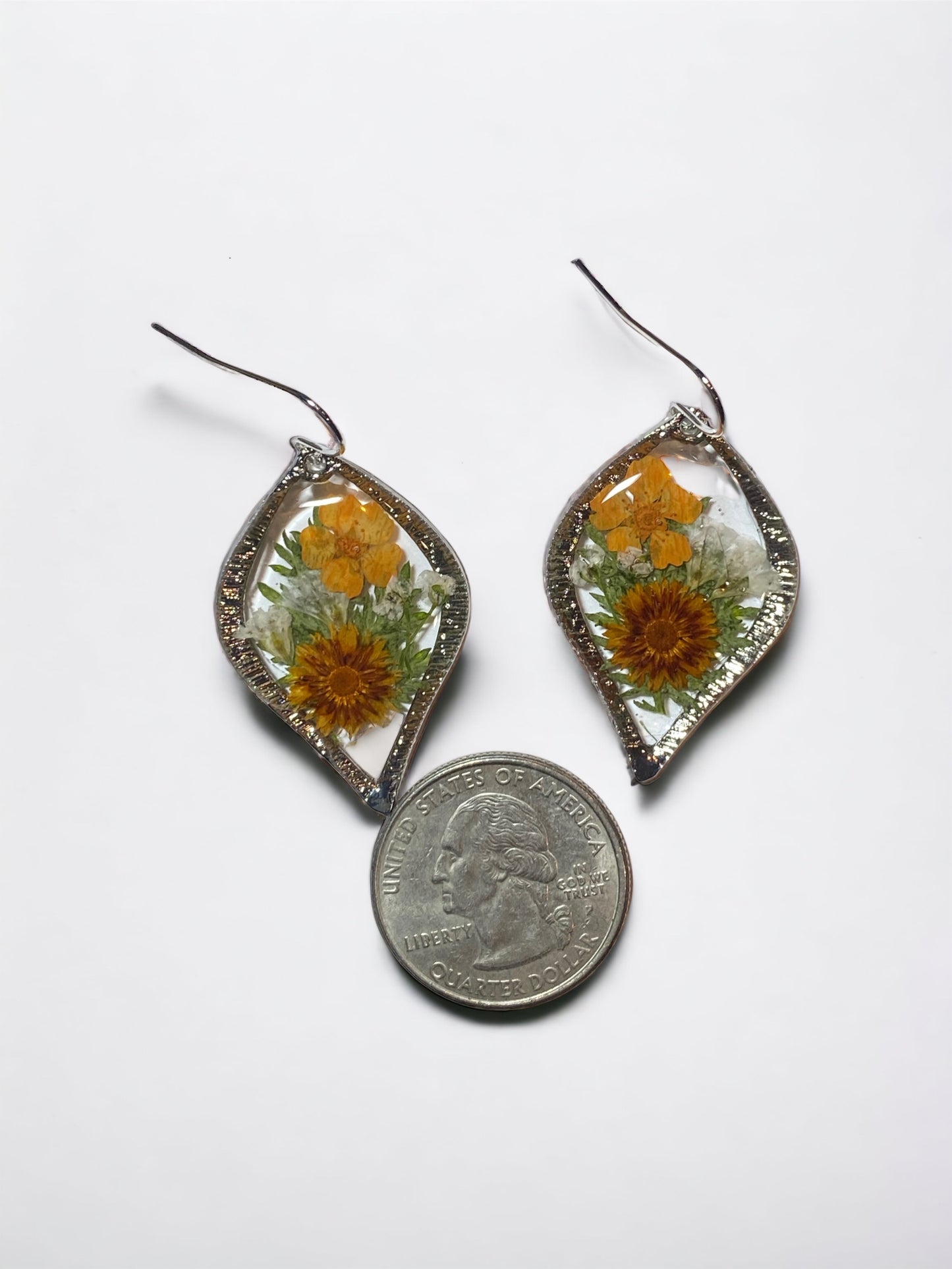Orange Plum Blossom flowers with dry pressed leaves Earrings