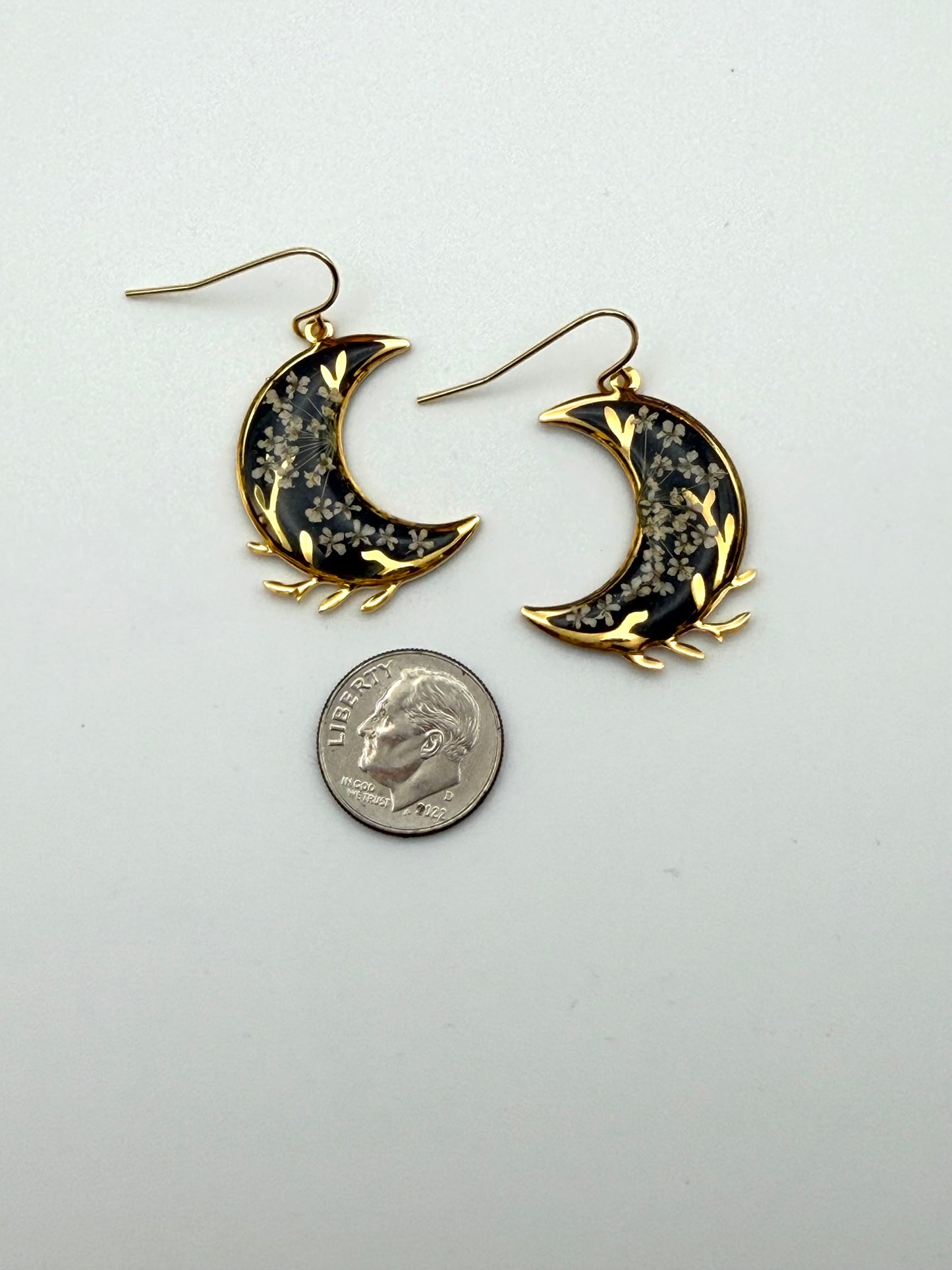 Gold Plated Crescent Moons filled with Black Mica Powder and Queen Anne’s Lace