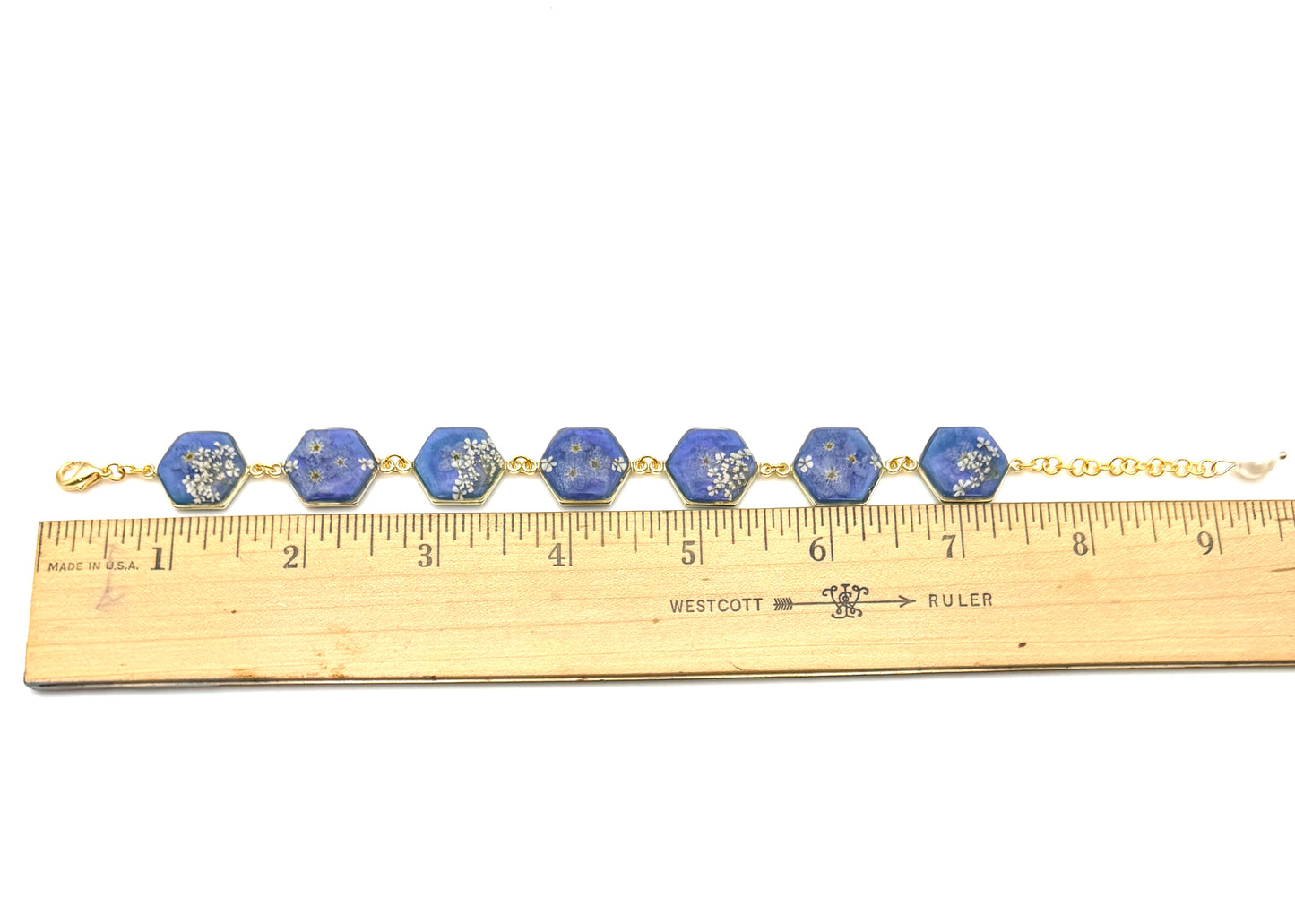 Gold Colored Bracelet with Blue Colored Mica Powder, Forget-Me-Nots and Queen Anne’s Lace