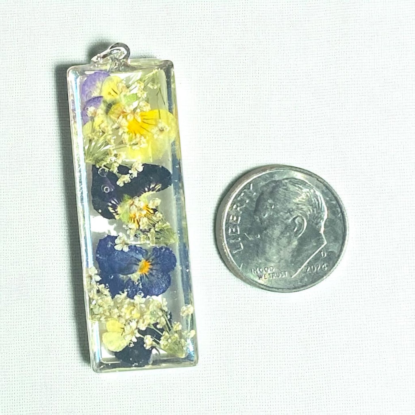 Yellow, Blue and Purple Pansy Necklace with Queen Anne’s Lace
