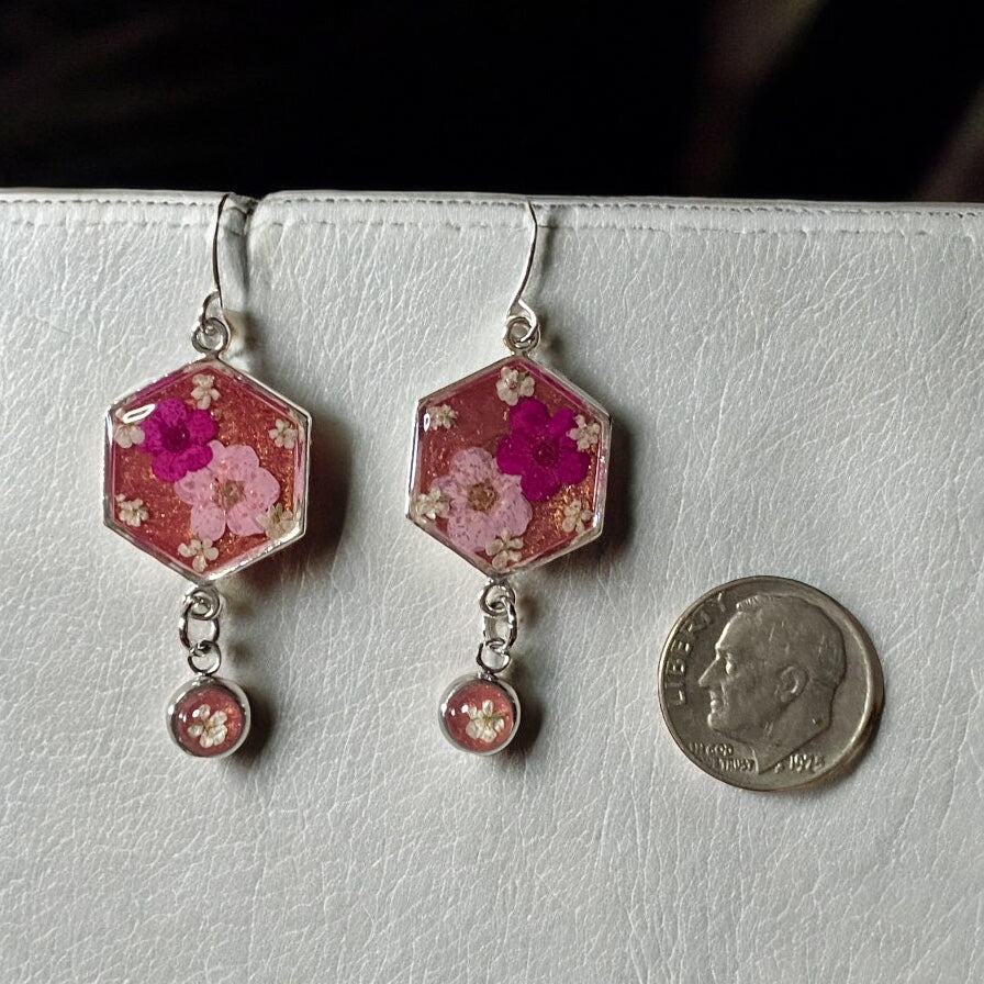 Pink Mica Powder Dangle Earrings with Light Pink and Hot Pink Plum Blossoms with pieces of Queen Anne’s Lace