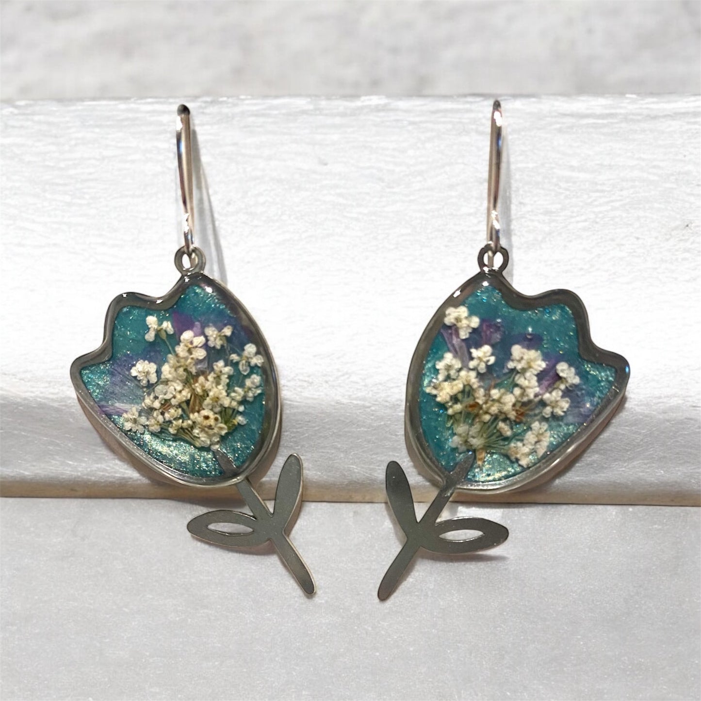 Teal Colored Flower Earrings with Purple Wild Flowers and Pieces of Queen Anne’s Lace