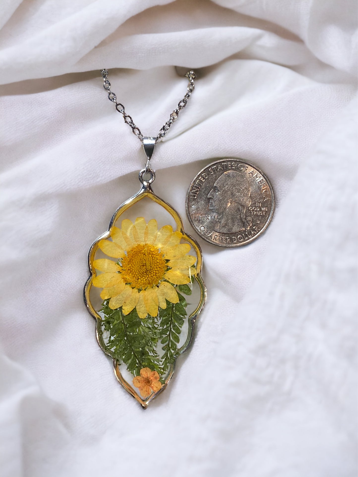 Yellow Daisy with Orange Plum Blossom Flower and Dry Pressed Fern Necklace