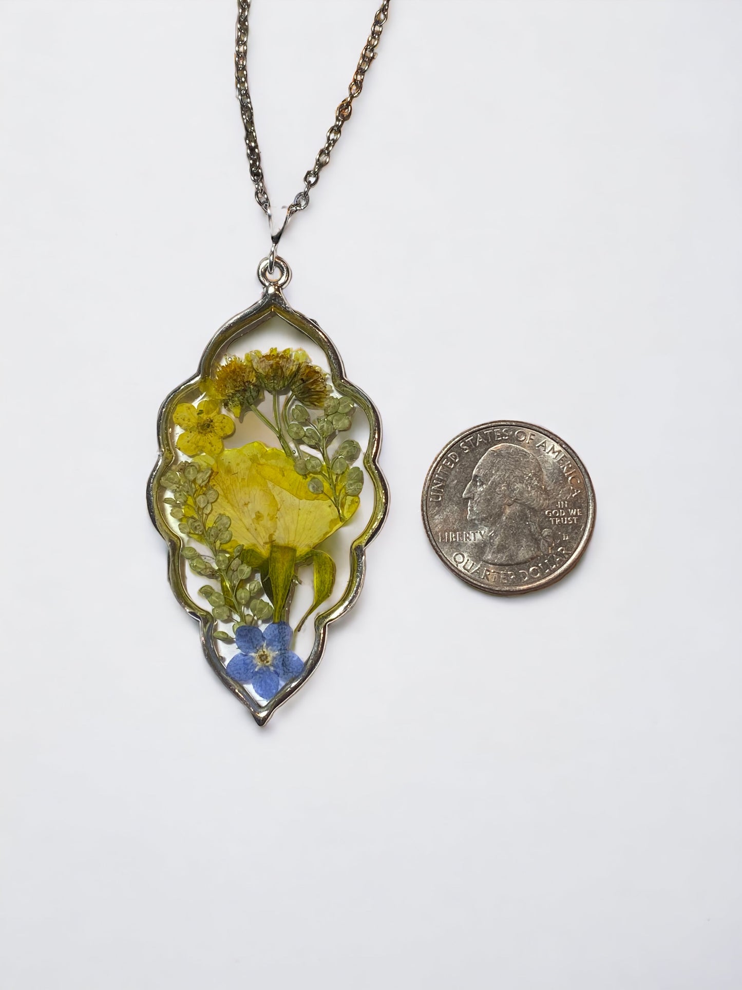 Yellow Rose, Dry Pressed Persian Garden Cress with Blue Forget-Me-Not’s and Yellow Plum Blossom Necklace