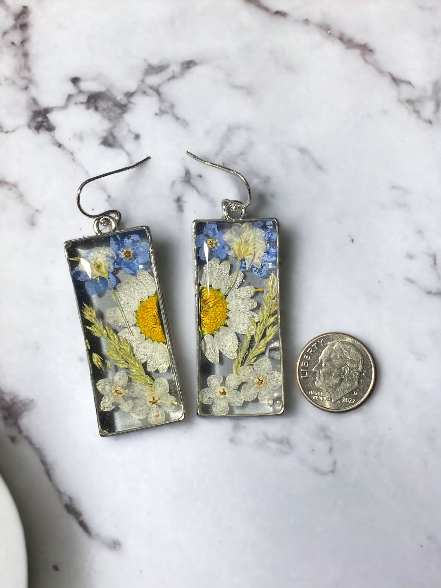 Yellow Daisy with Blue and White Forget-Me-Not Flowers, and Dry Pressed Leaves on Sterling Silver Hooks