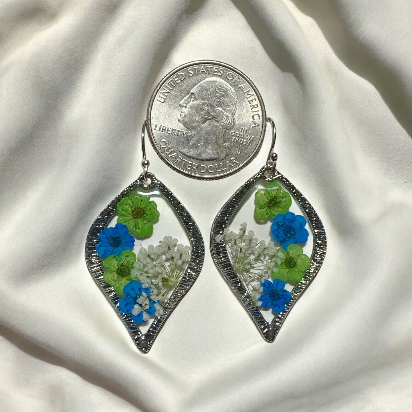 Green and Blue Plum Blossom Flowers with Queen Anne’s Lace Earrings