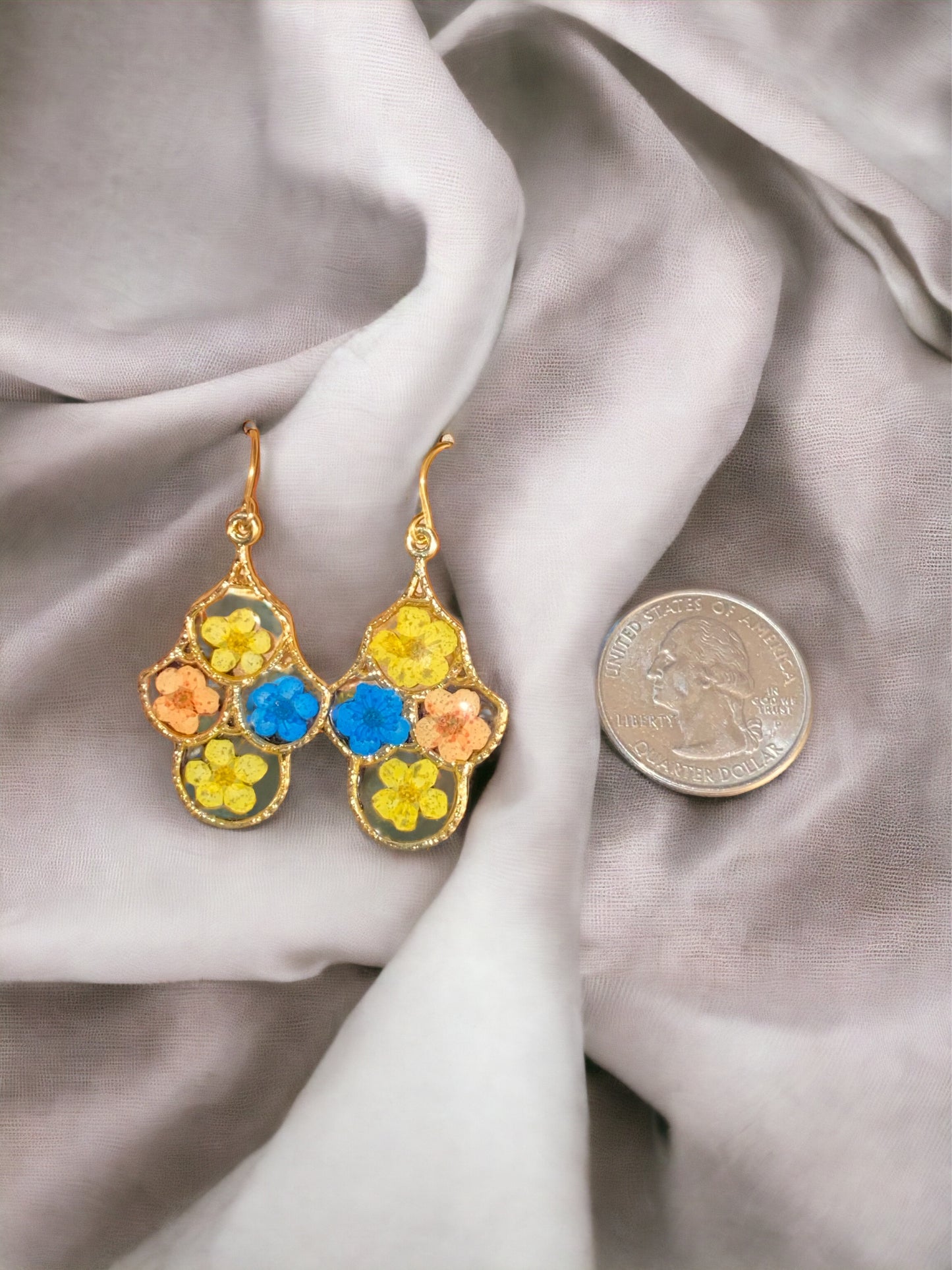 Yellow, Orange, and Blue Plum Blossom Flower Earrings