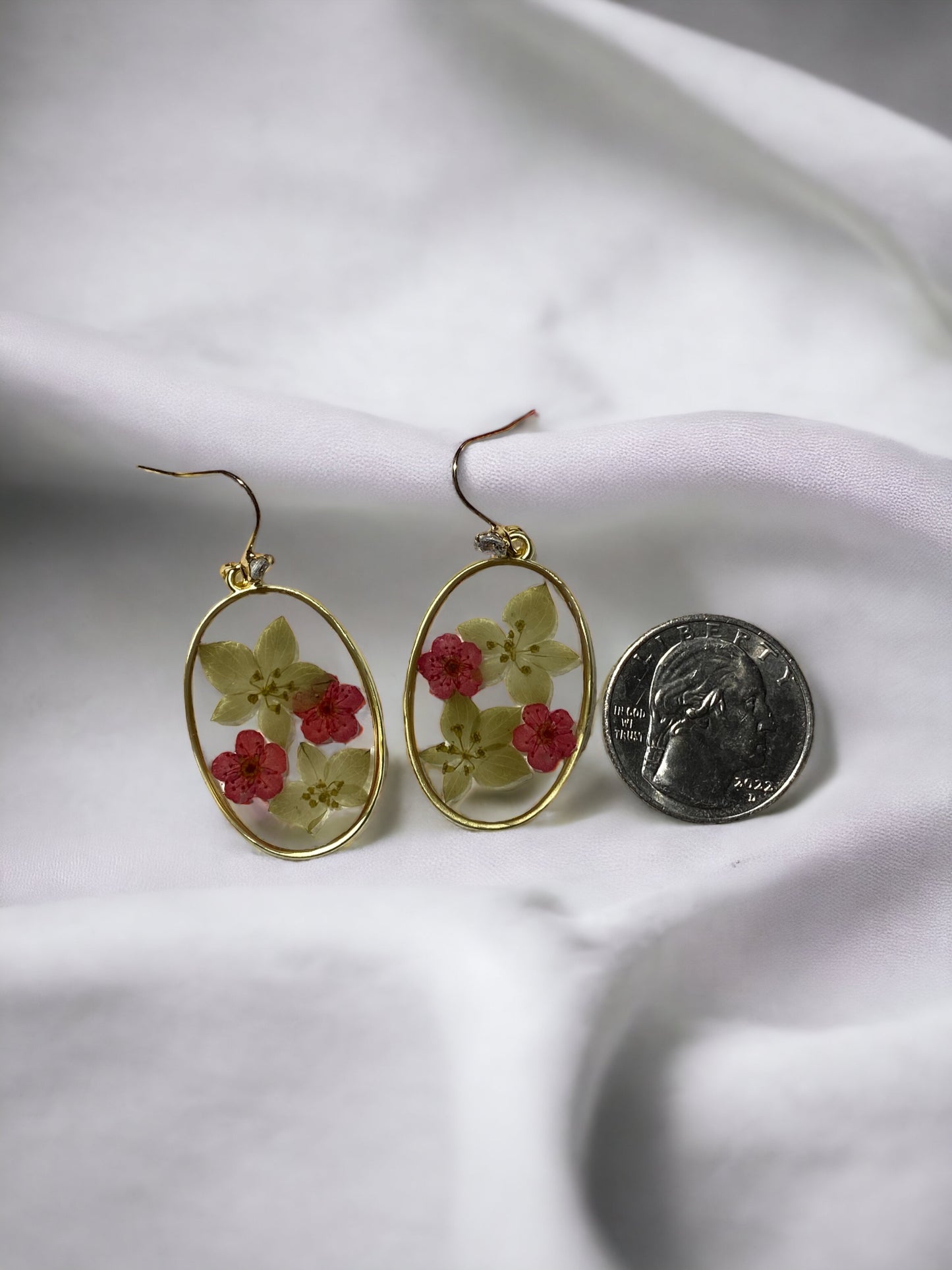 Dry Pressed Euphorbia Helioscopia with
Red Plum Blossom Flower Earrings