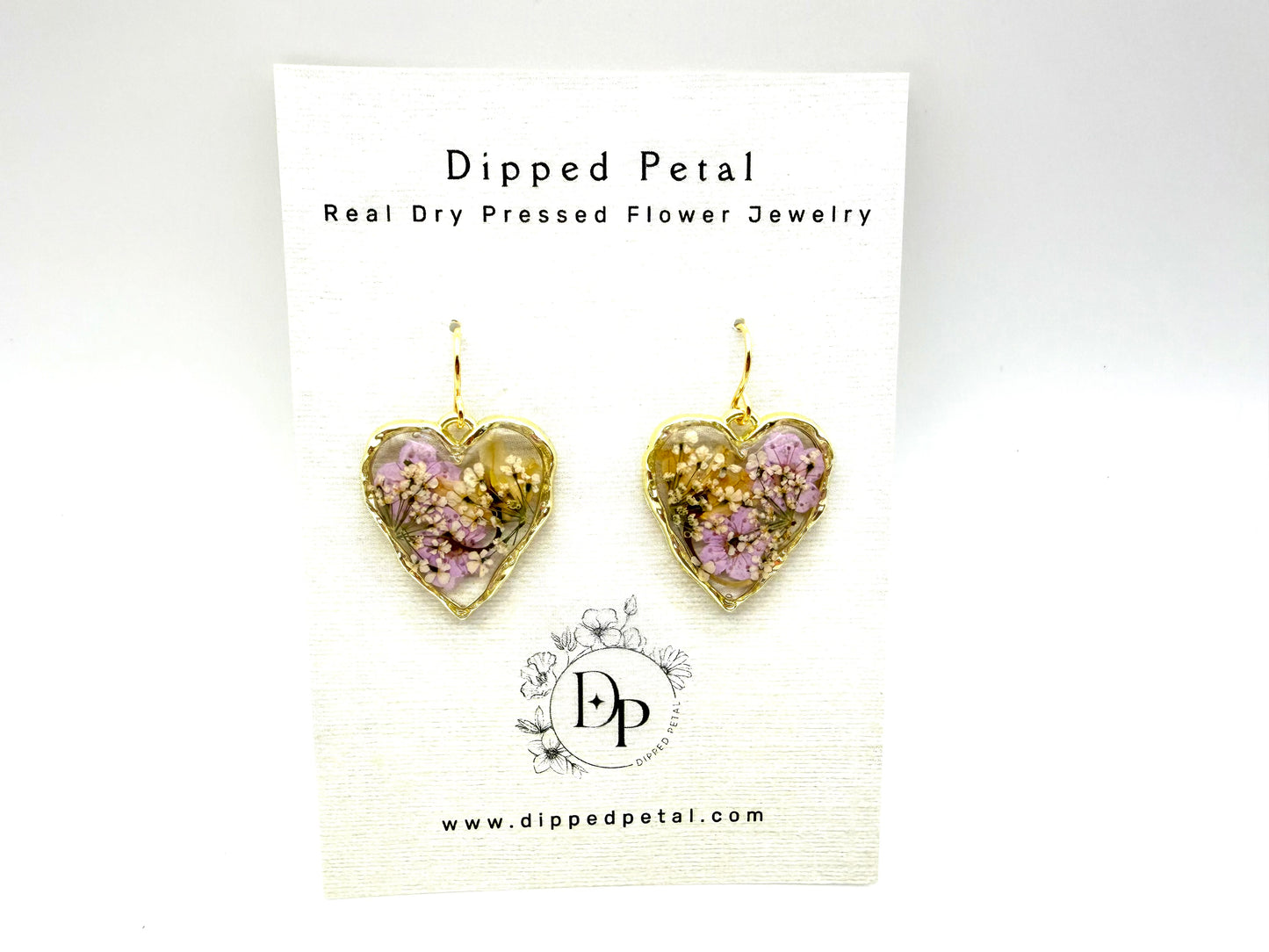 Heart Shaped Earrings with Light Purple Plum Blossoms, Queen Anne’s Lace and Lily of the Valley