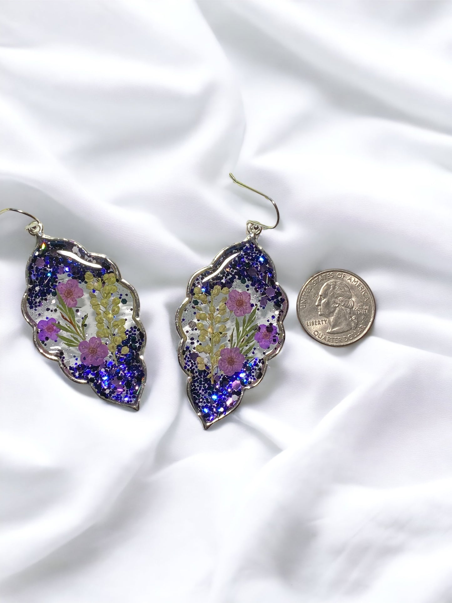 Purple Glitter with Dry Pressed Persian Garden Cress, Purple Plum Blossom Flowers and Dry Pressed Leaves with 925 Sterling Silver Hooks