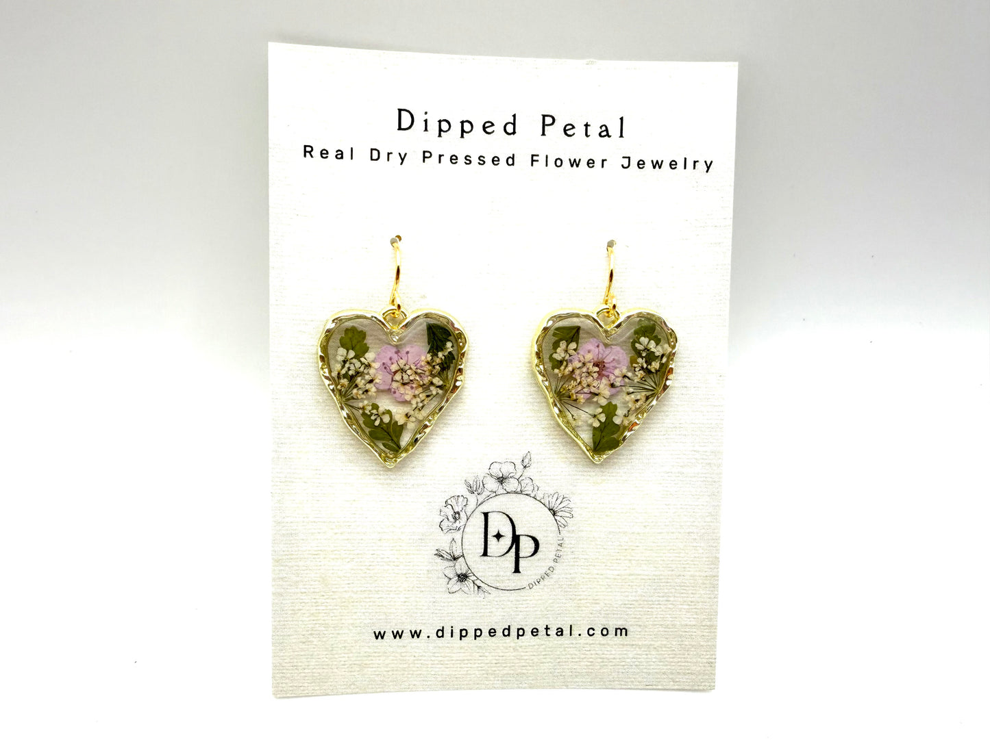 Heart Shaped Earrings with Light Purple Plum Blossoms, Queen Anne’s Lace and Pieces of Fern
