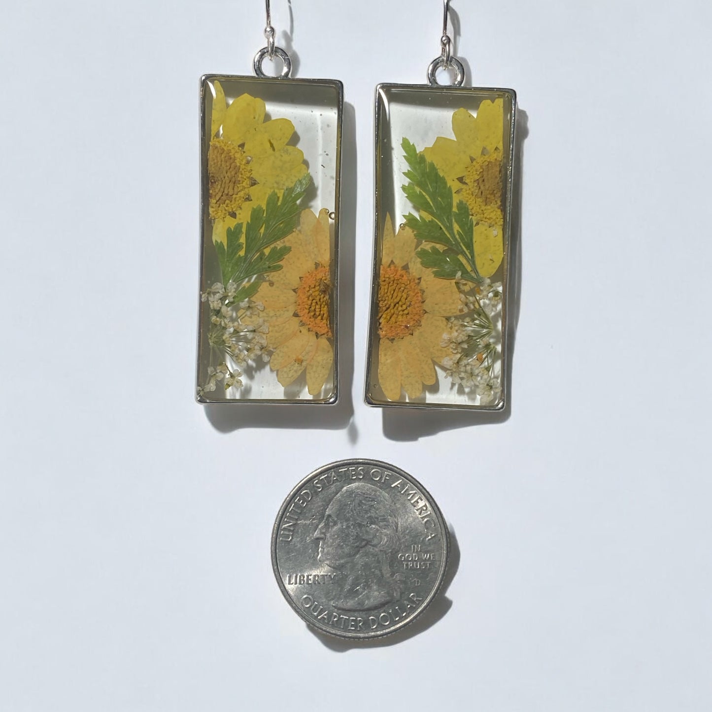 Split Yellow and Orange Daisies, with Dry Pressed Fern and Queen Anne’s Lace