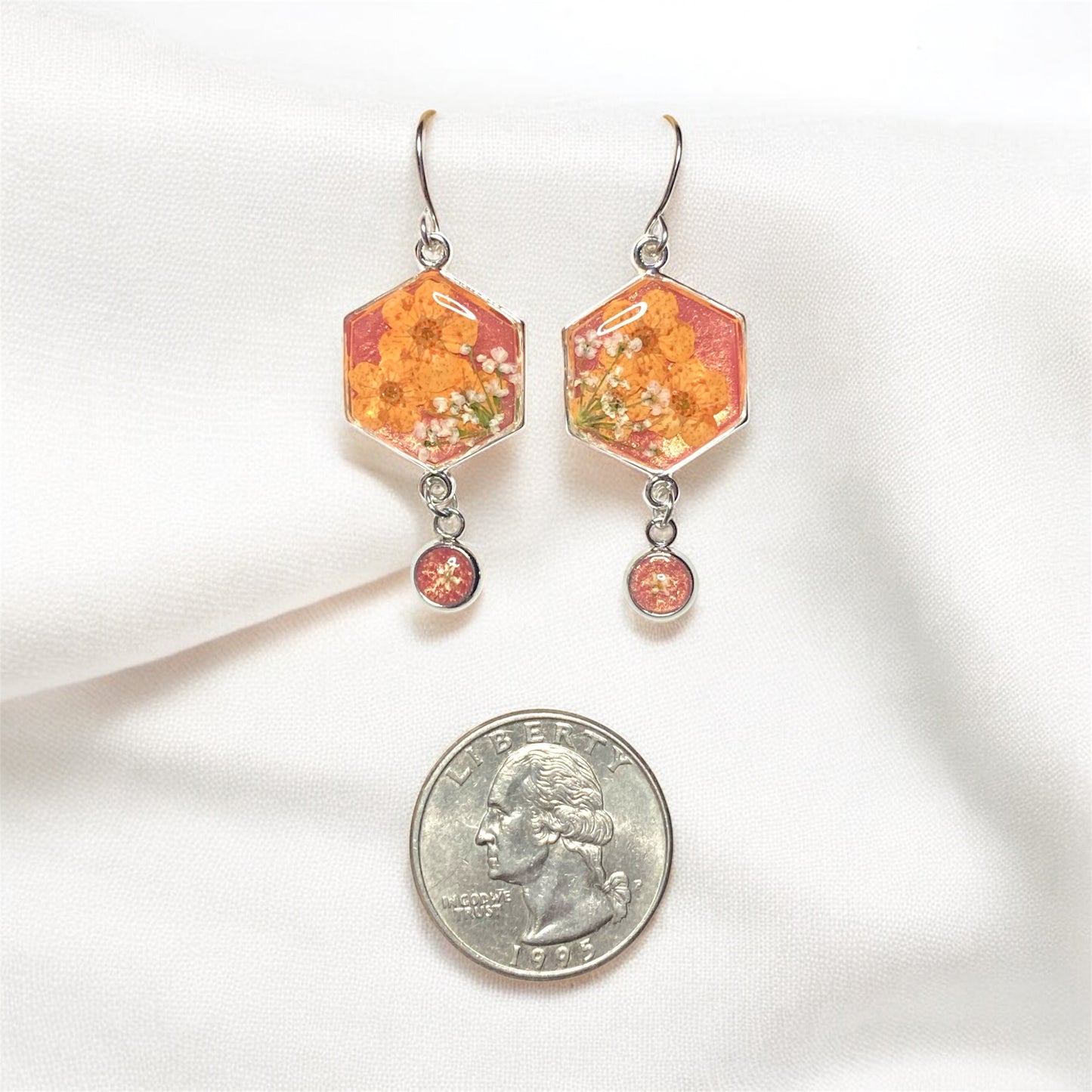 Coral Pink Colored Mica Powder (Single) Dangle Earrings with Orange Plum Blossoms and Queen Anne’s Lace